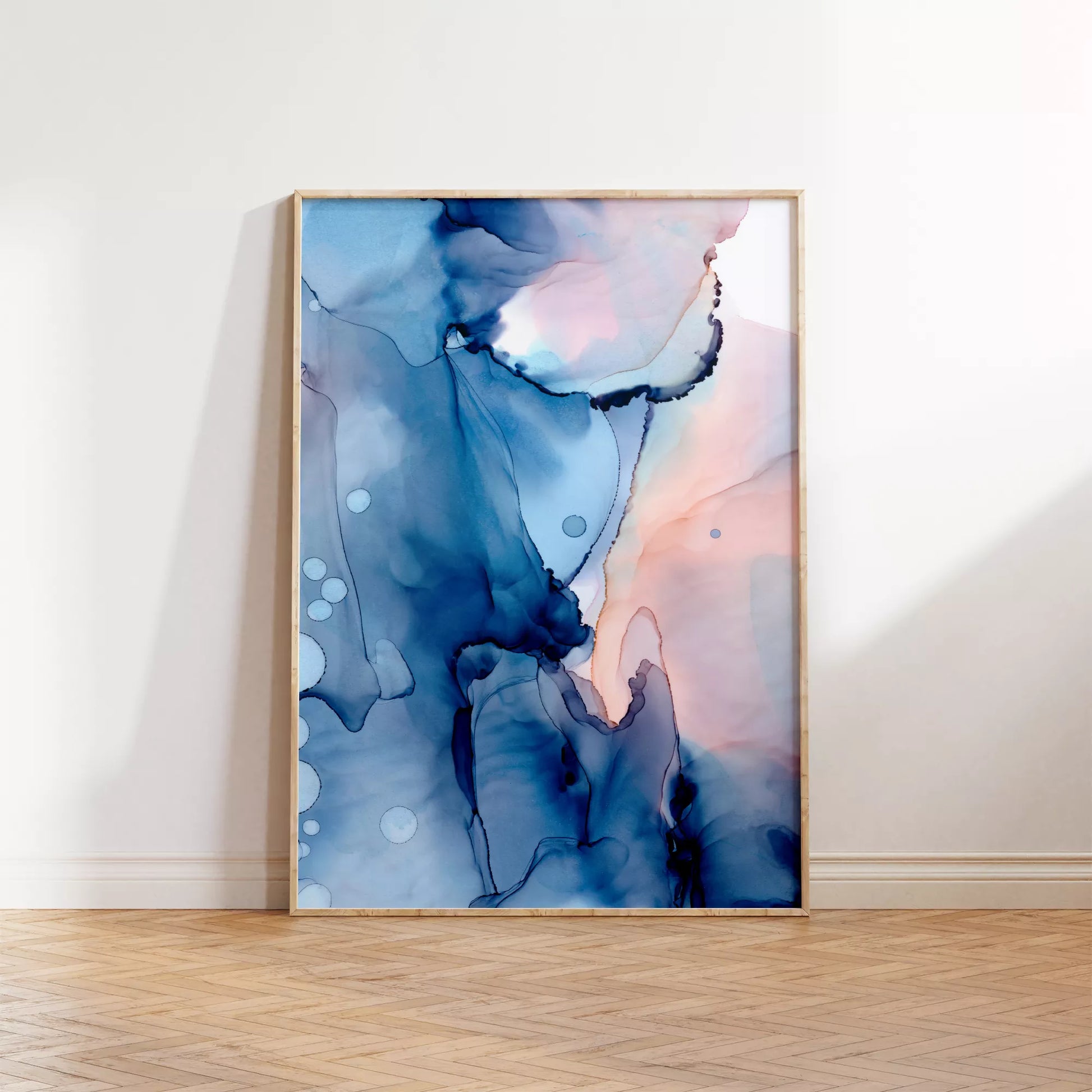 青とピンクの水彩画風抽象アート、モダンでおしゃれなインテリアポスター