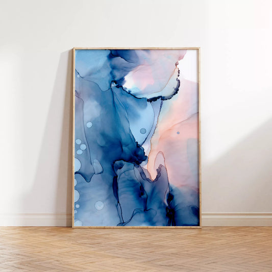 青とピンクの水彩画風抽象アート、モダンでおしゃれなインテリアポスター
