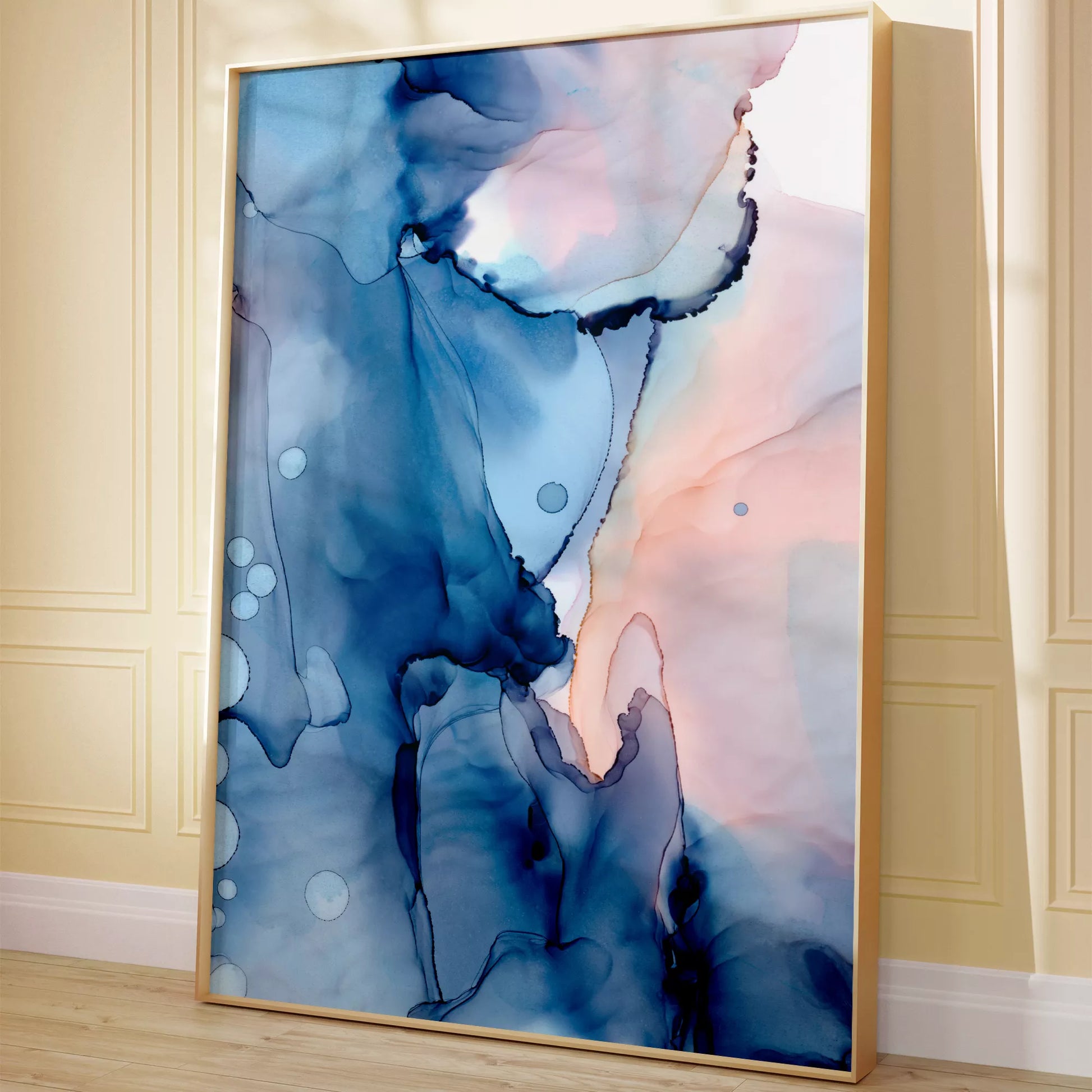 青とピンクの水彩画風抽象アート、モダンでおしゃれなインテリアポスター