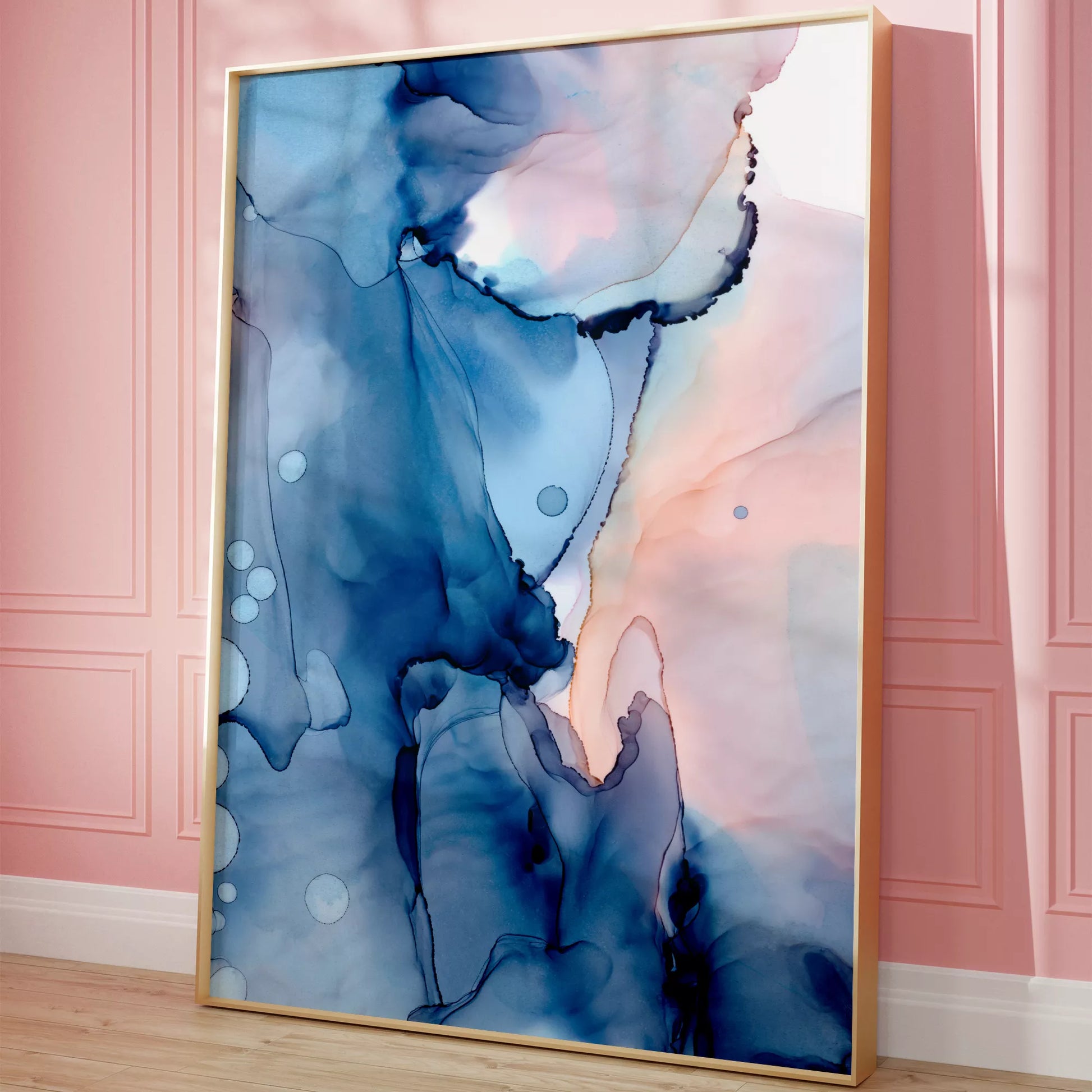 青とピンクの水彩画風抽象アート、モダンでおしゃれなインテリアポスター