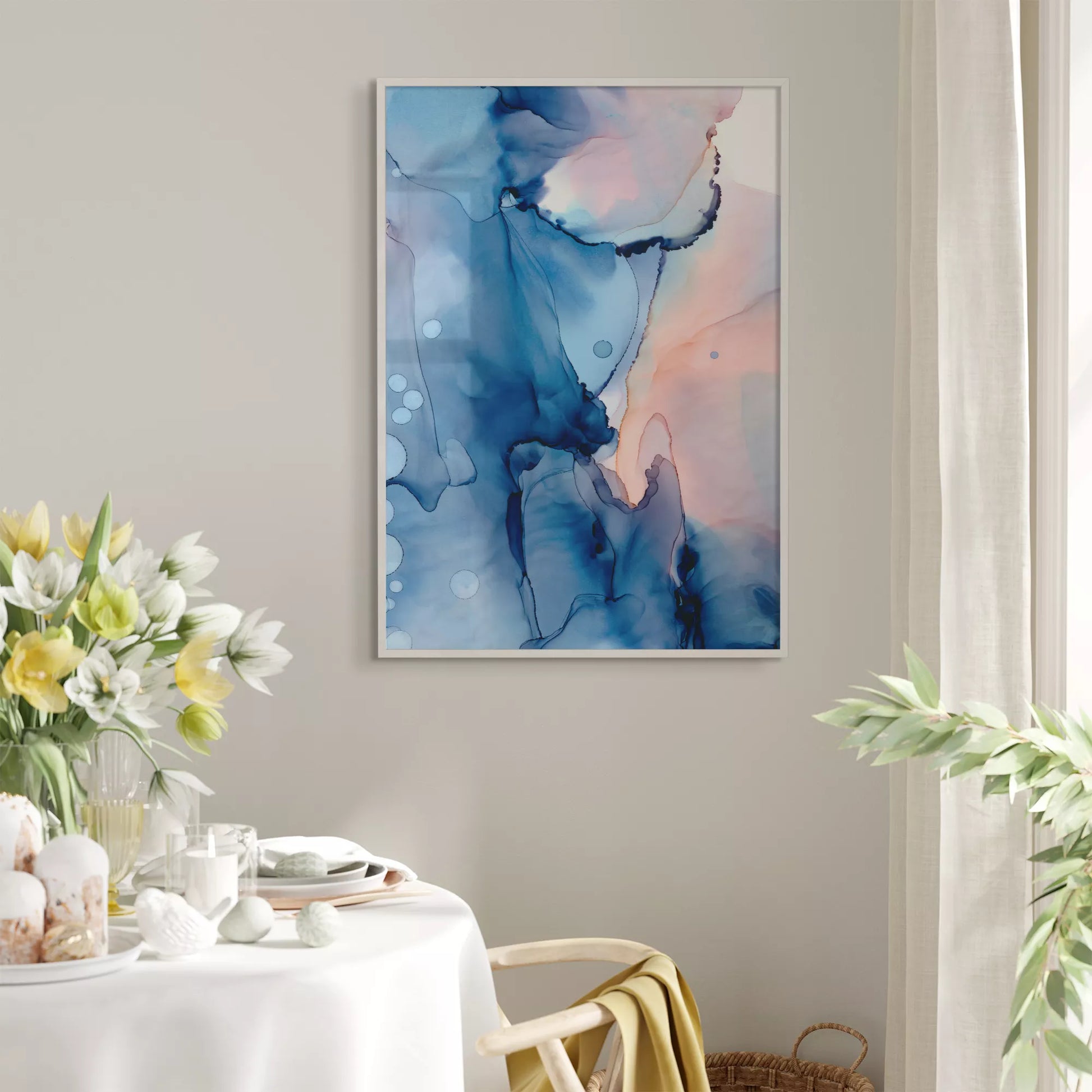 青とピンクの水彩画風抽象アート、モダンでおしゃれなインテリアポスター