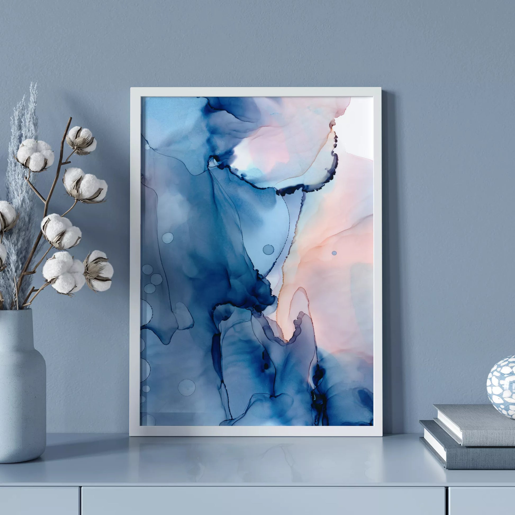 青とピンクの水彩画風抽象アート、モダンでおしゃれなインテリアポスター
