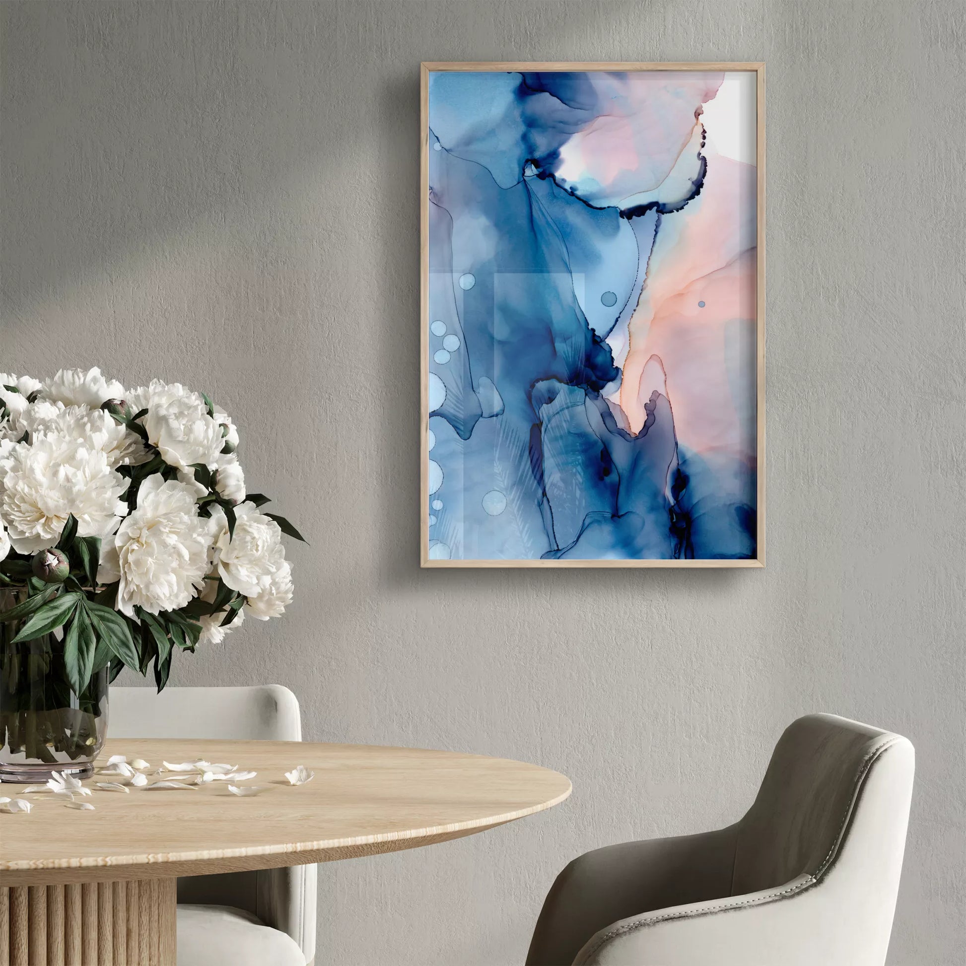 青とピンクの水彩画風抽象アート、モダンでおしゃれなインテリアポスター