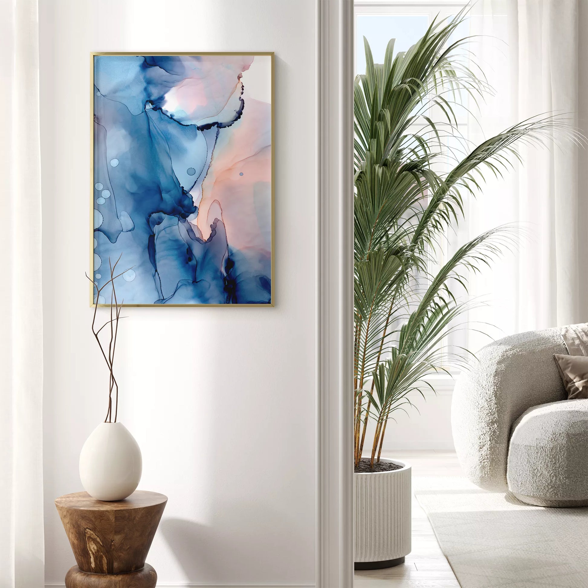 青とピンクの水彩画風抽象アート、モダンでおしゃれなインテリアポスター