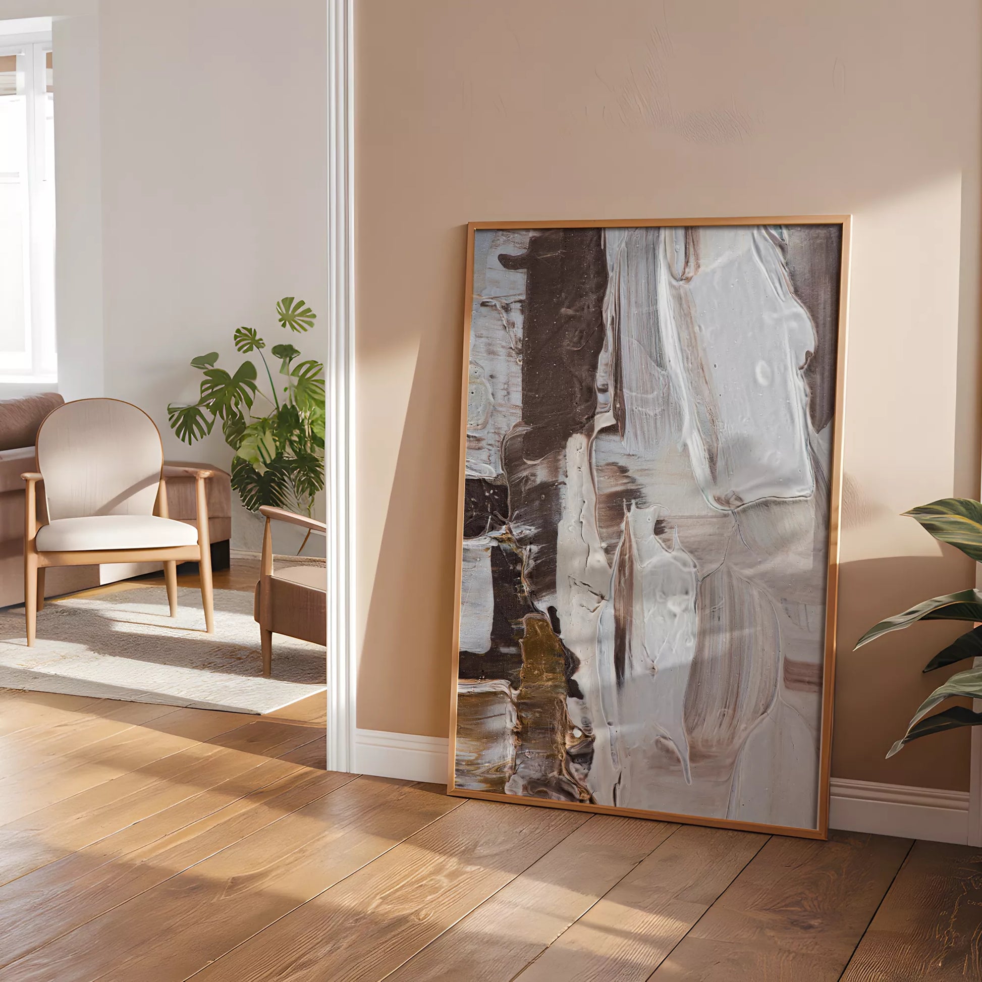 抽象画ブラウンとホワイトの現代アートポスター