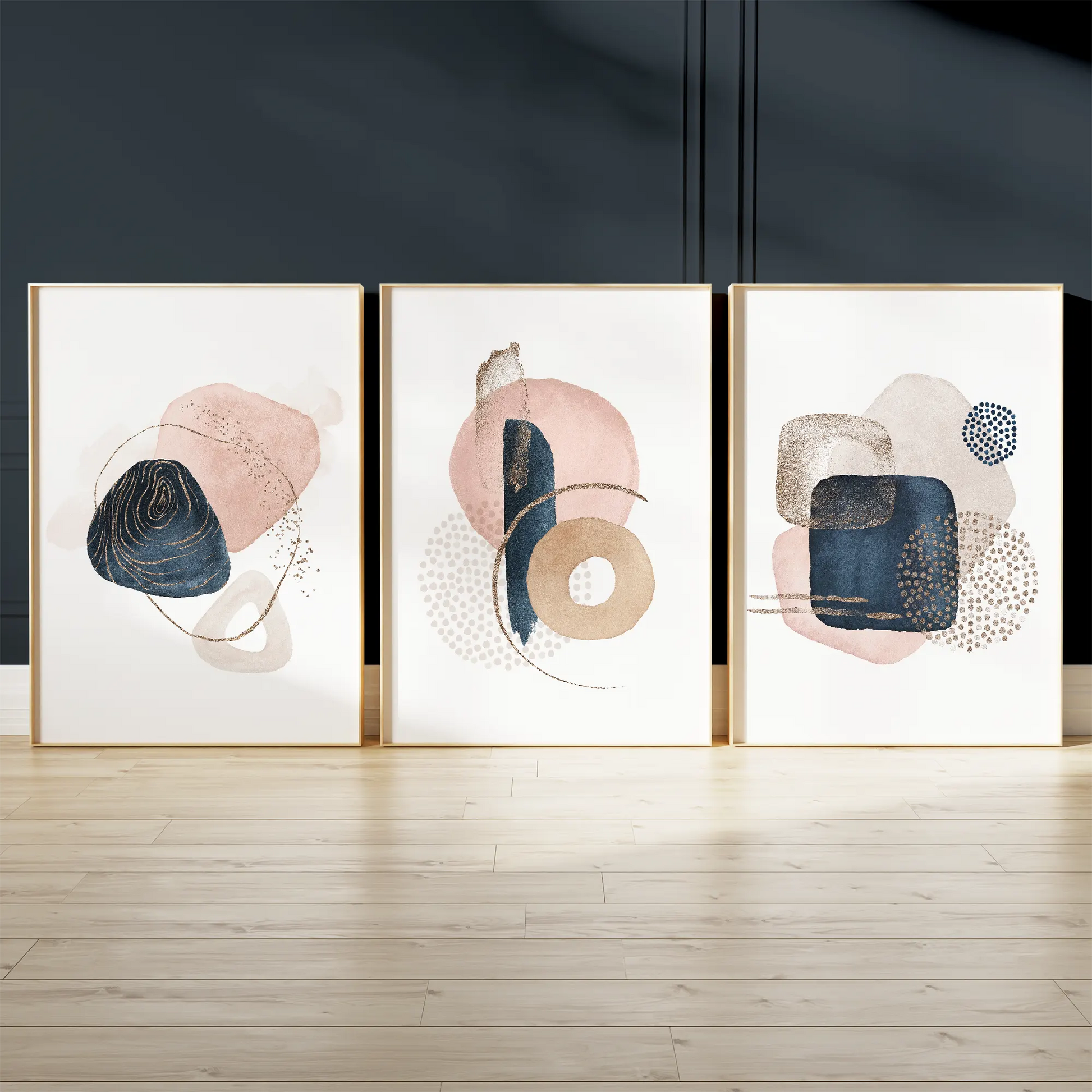抽象幾何学ピンクネイビーゴールドのミニマルアートポスター 北欧モダンインテリア 3枚セット
