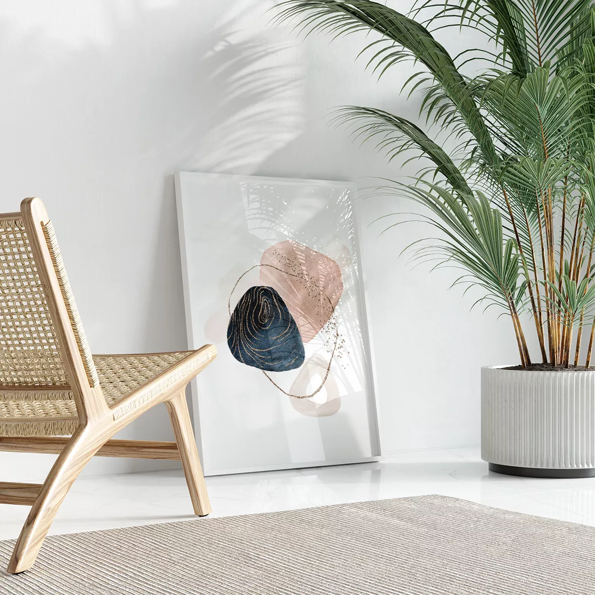 モダンな抽象アート3点セット、ピンクとネイビーの幾何学模様、金色のアクセント