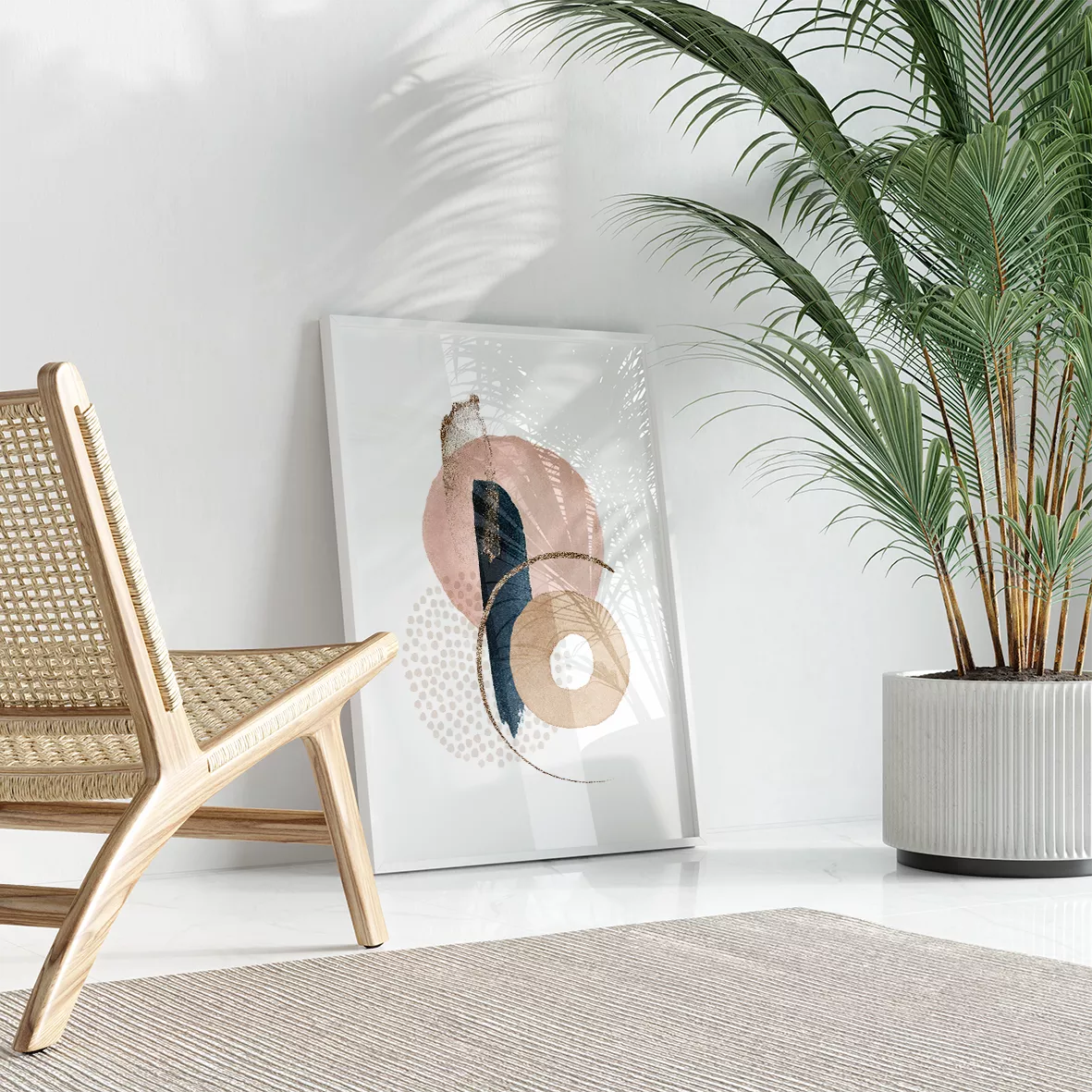 モダンな抽象アート3点セット、ピンクとネイビーの幾何学模様、金色のアクセント