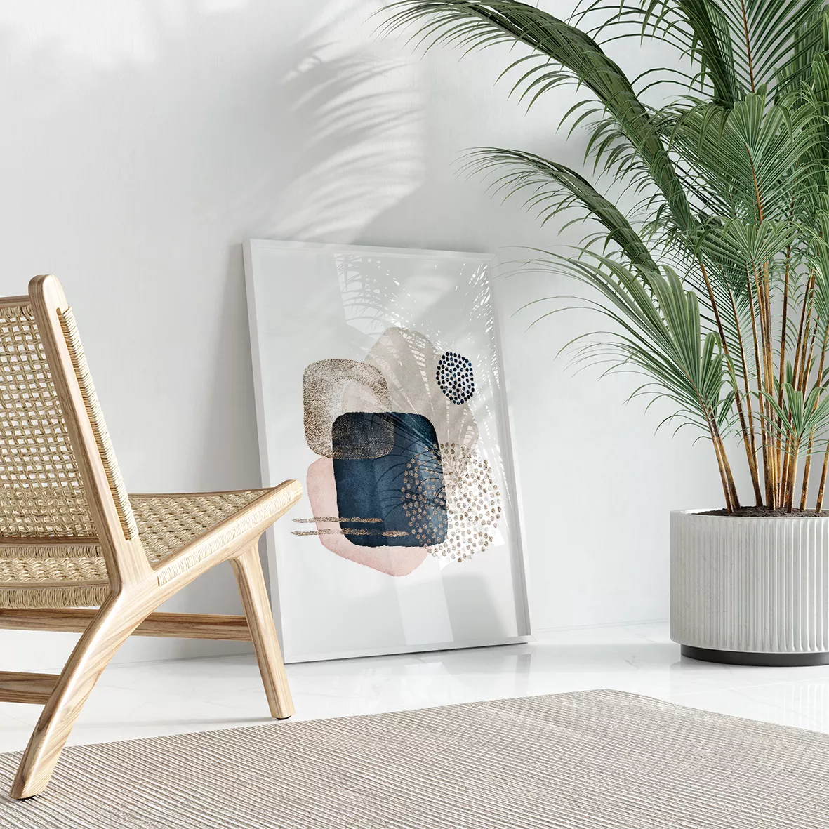 モダンな抽象アート3点セット、ピンクとネイビーの幾何学模様、金色のアクセント