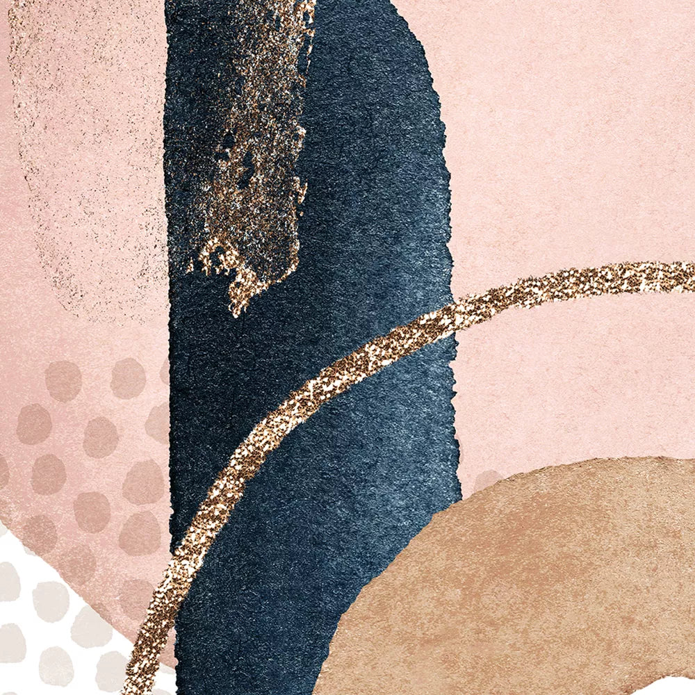 モダンな抽象アート3点セット、ピンクとネイビーの幾何学模様、金色のアクセント