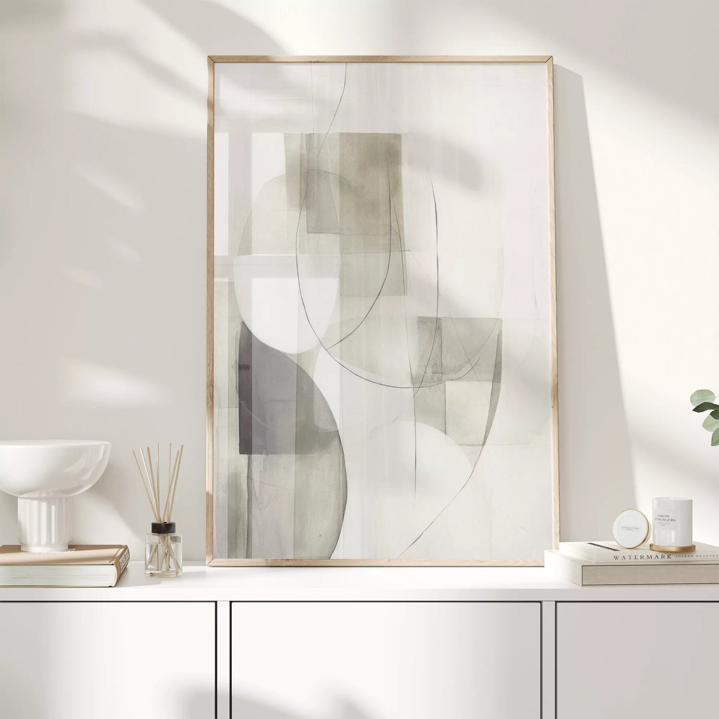 ベージュとグレーの抽象的な幾何学アート、モダンでシンプルなデザイン