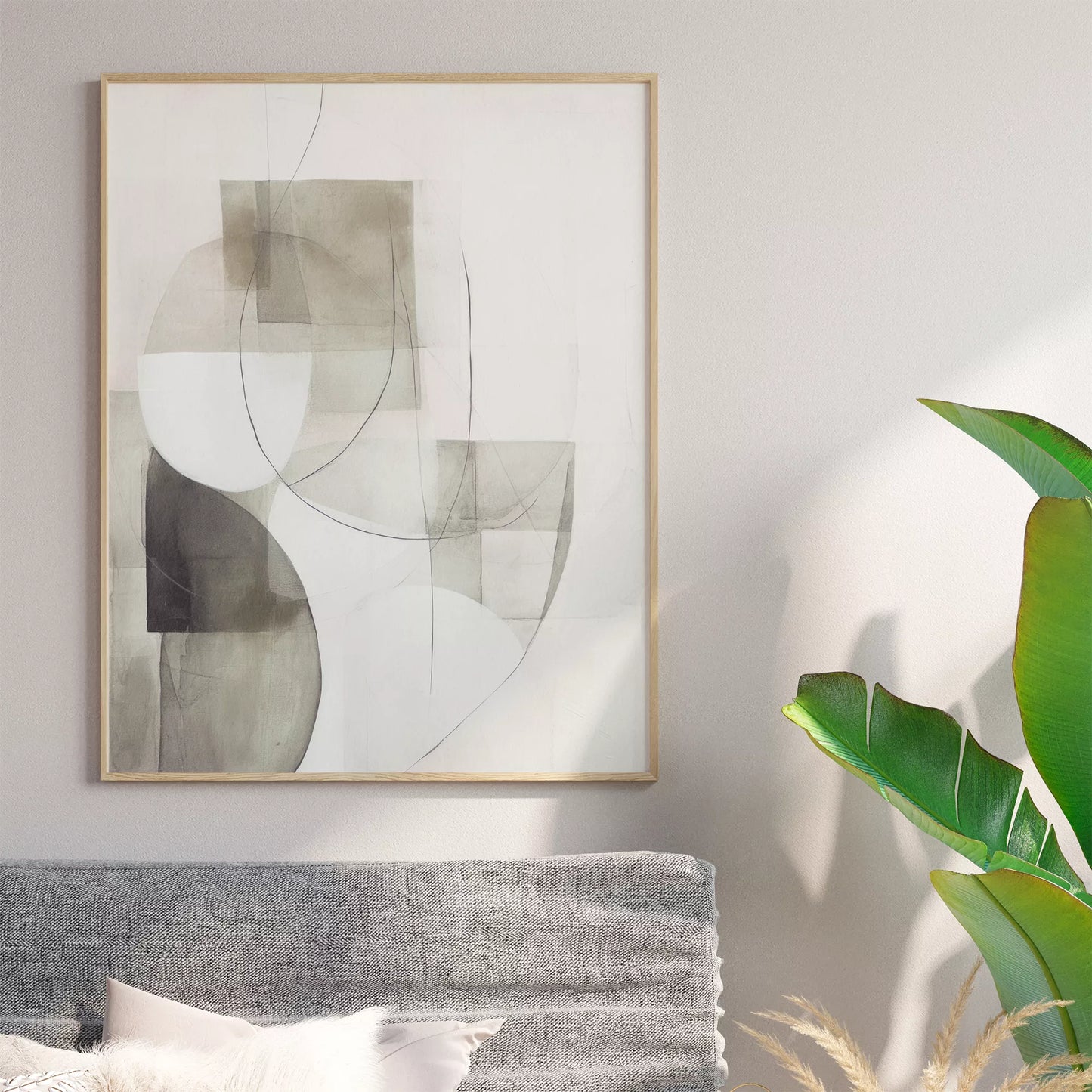 ベージュとグレーの抽象的な幾何学アート、モダンでシンプルなデザイン