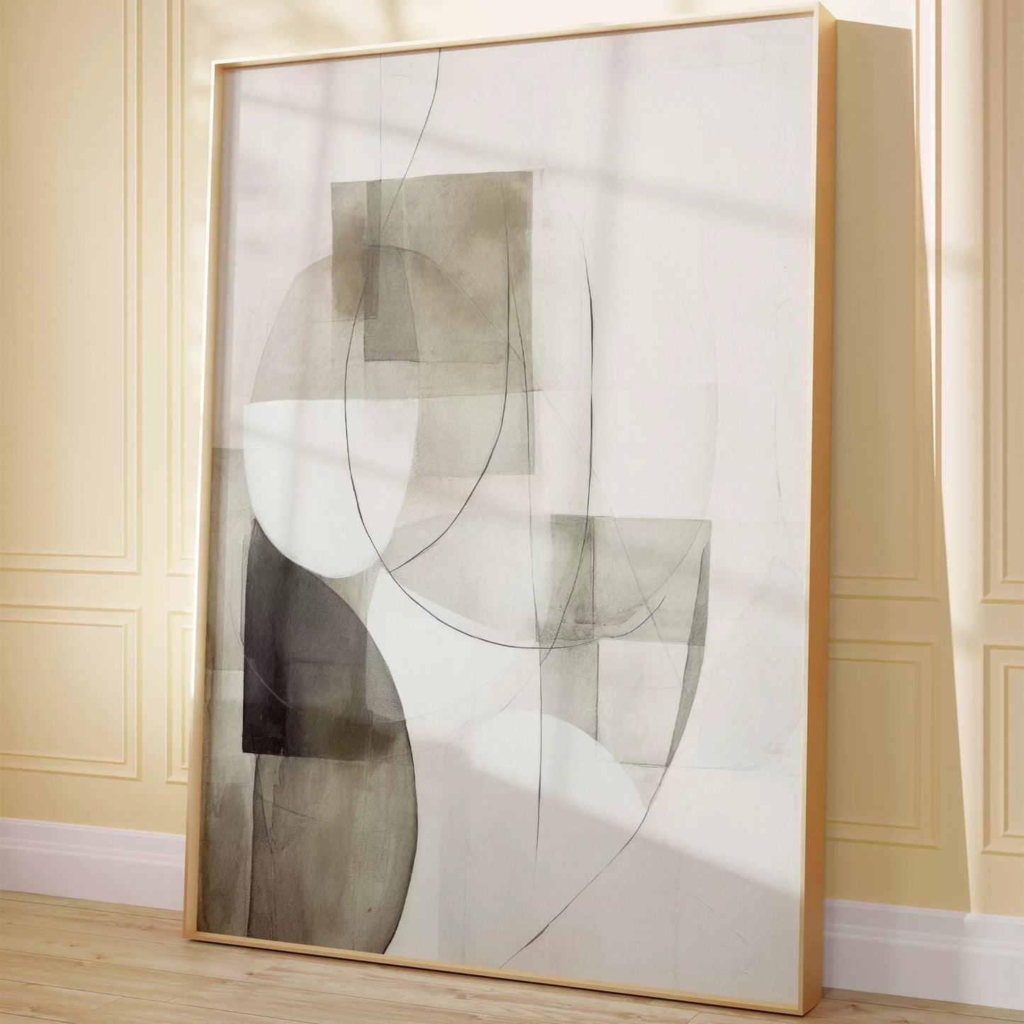 ベージュとグレーの抽象的な幾何学アート、モダンでシンプルなデザイン