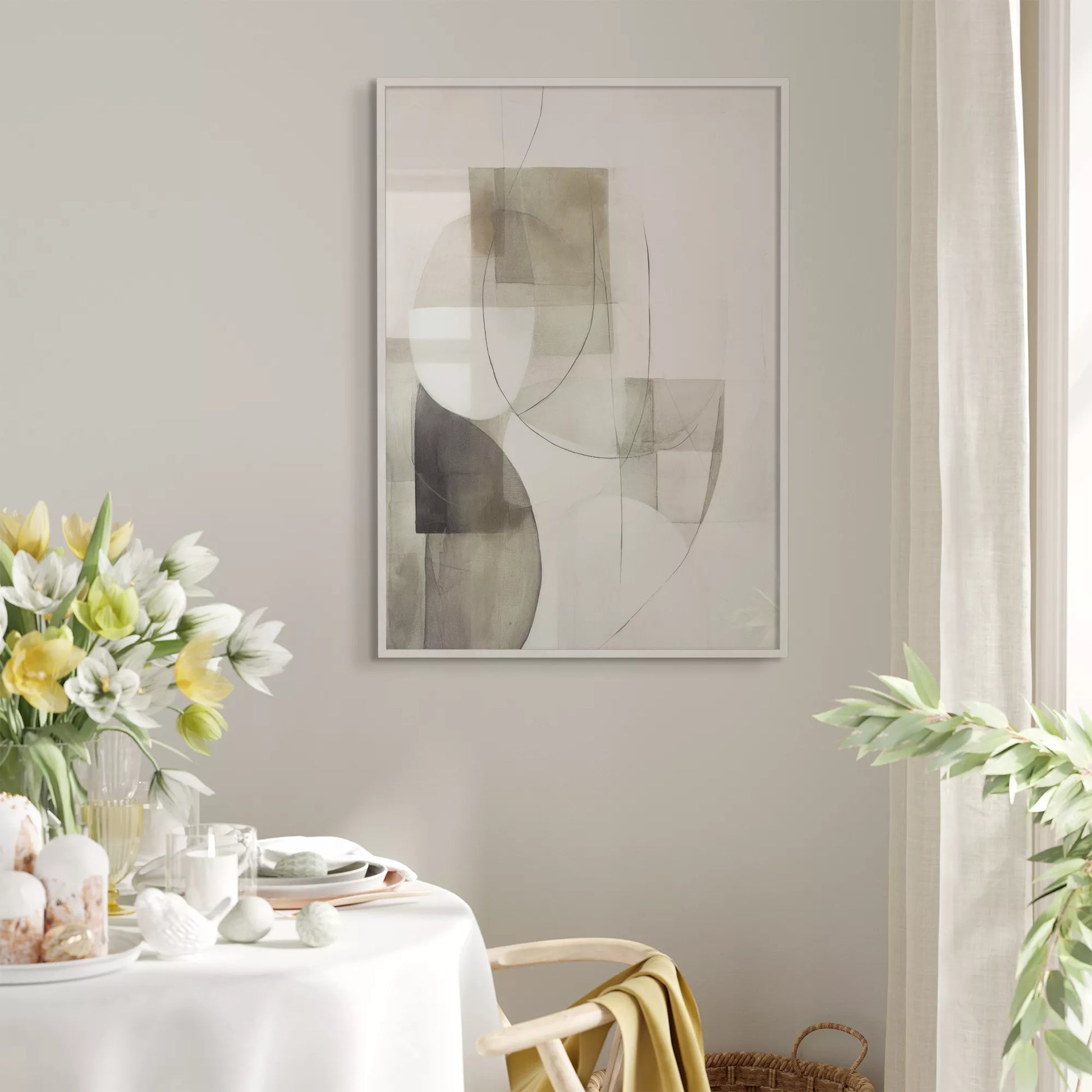 ベージュとグレーの抽象的な幾何学アート、モダンでシンプルなデザイン