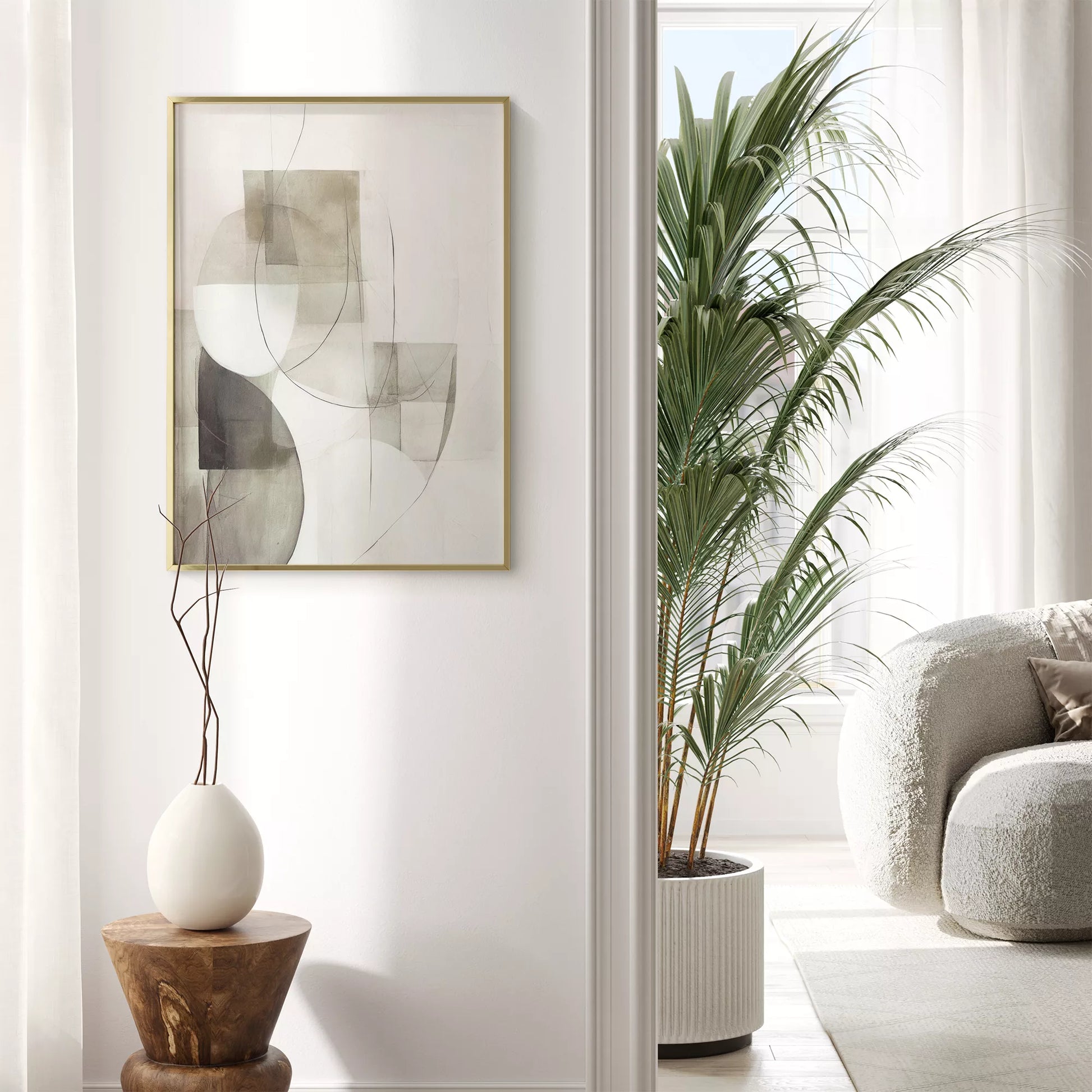 ベージュとグレーの抽象的な幾何学アート、モダンでシンプルなデザイン