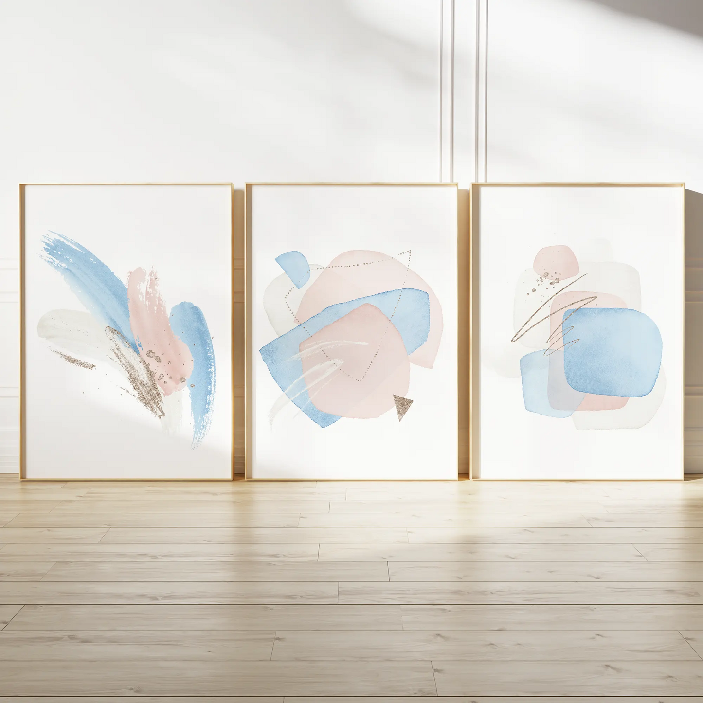 パステルブルーとピンクの抽象ジオメトリックアートポスター 北欧モダン 3枚セット