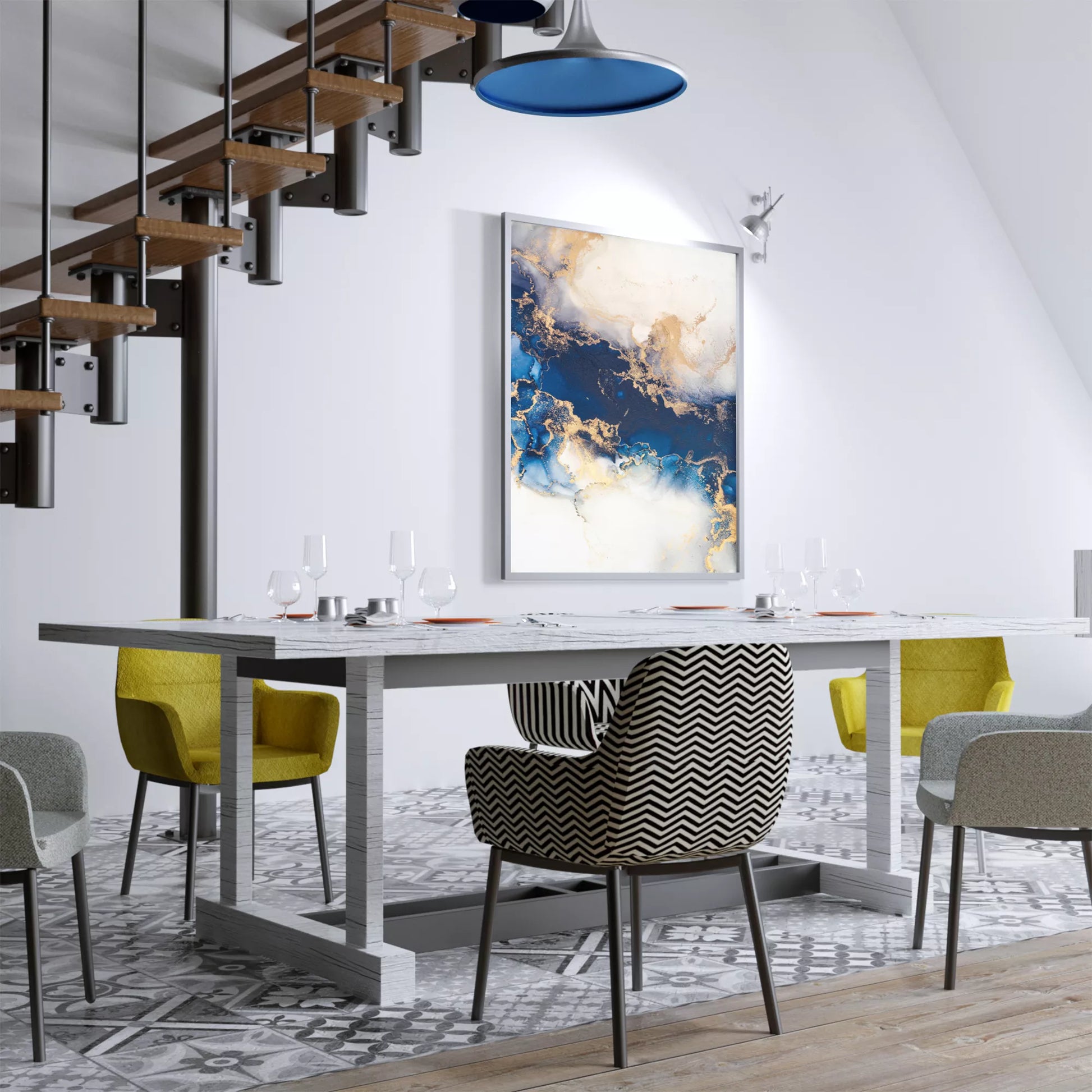 深い青と金箔が織りなす抽象的な水墨画風アートプリント