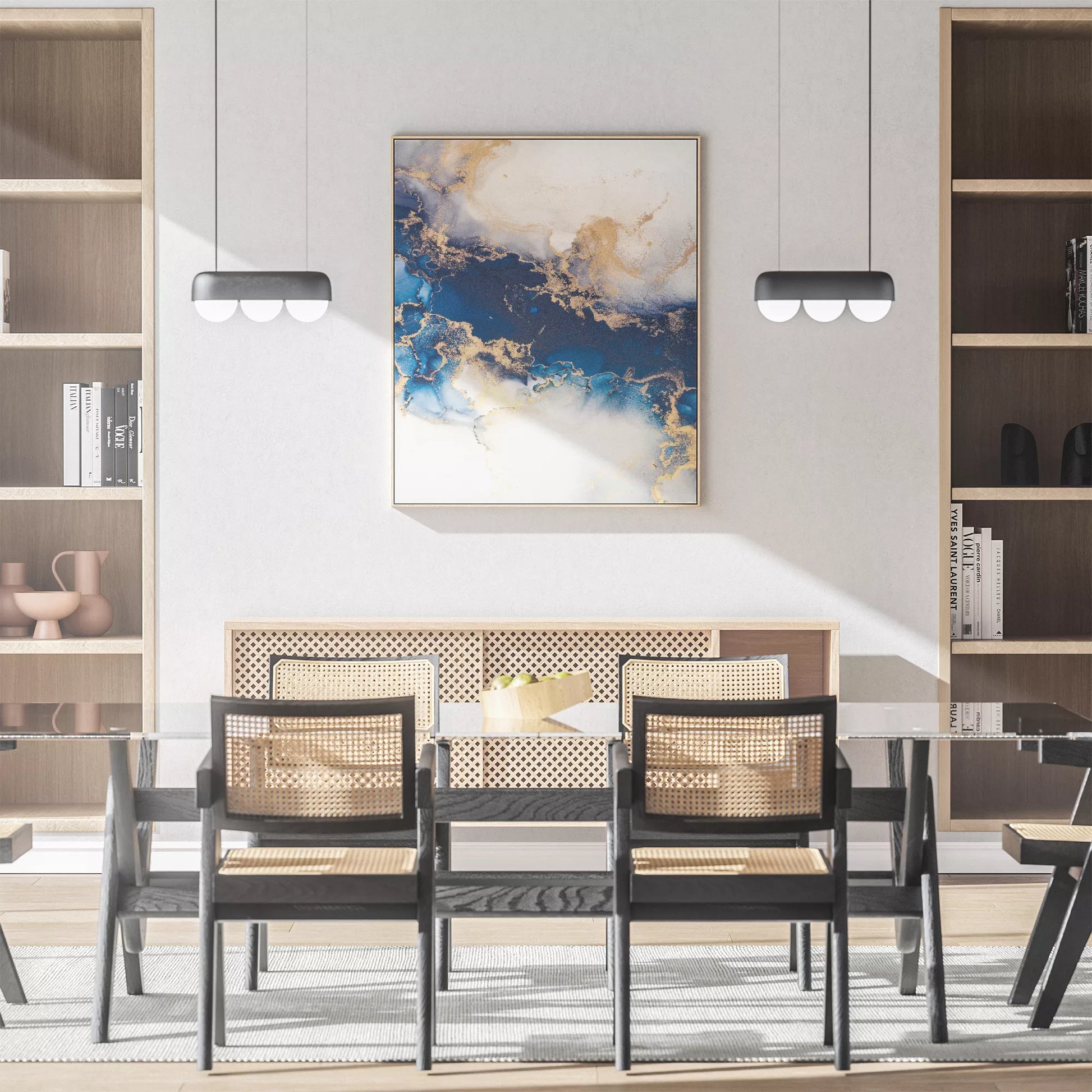 深い青と金箔が織りなす抽象的な水墨画風アートプリント