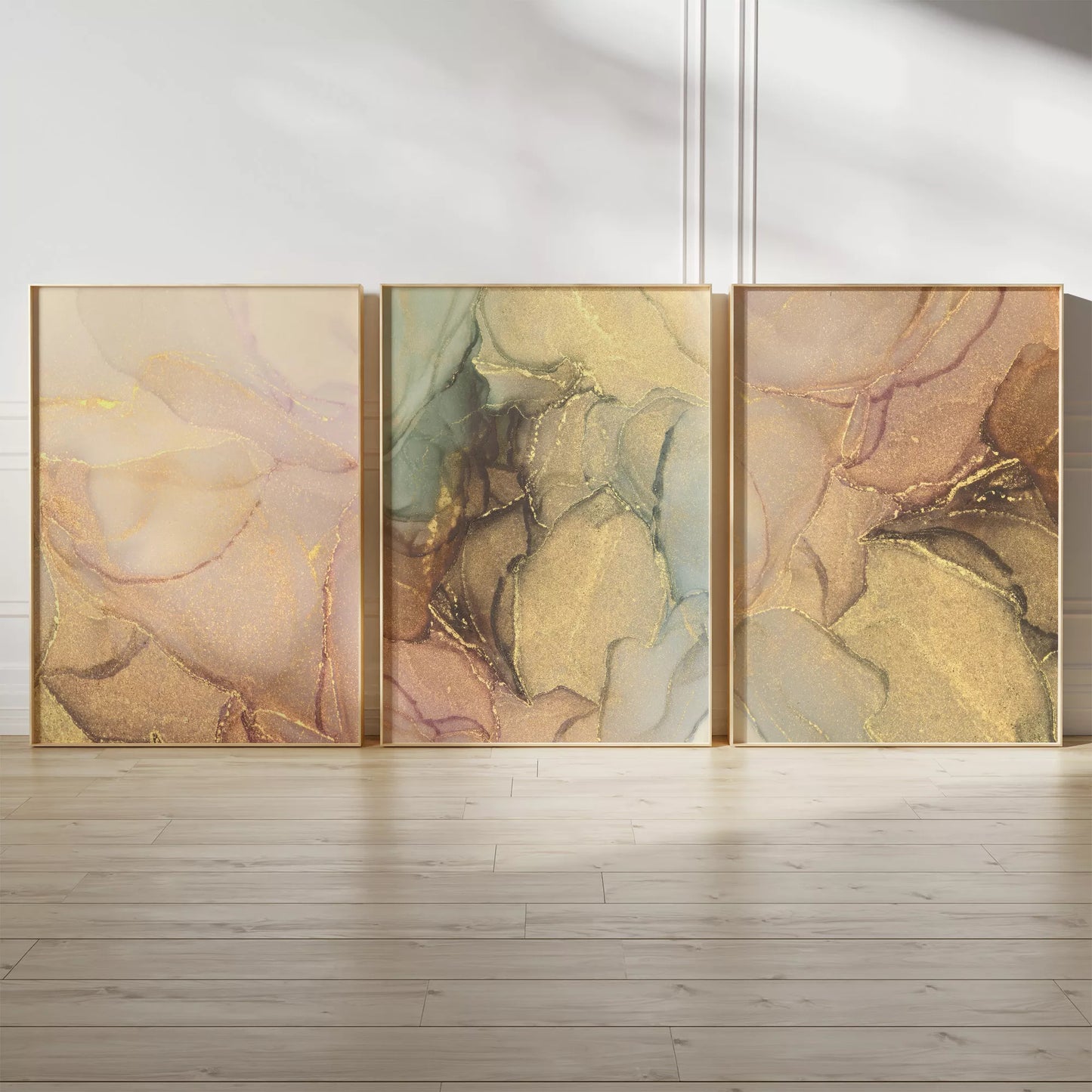 ゴールドマーブルが美しい抽象アートポスター3枚セット、リビングや玄関におすすめ