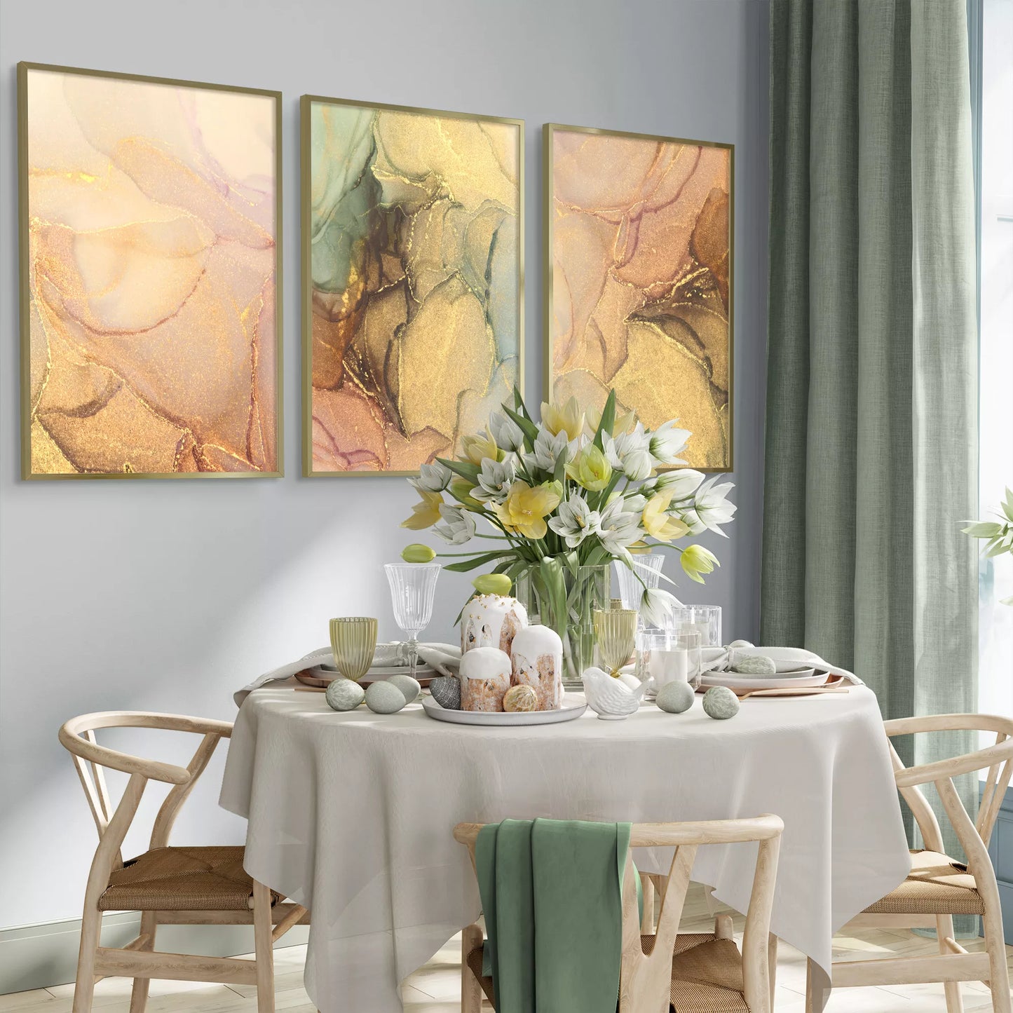 ゴールドマーブルが美しい抽象アートポスター3枚セット、リビングや玄関におすすめ