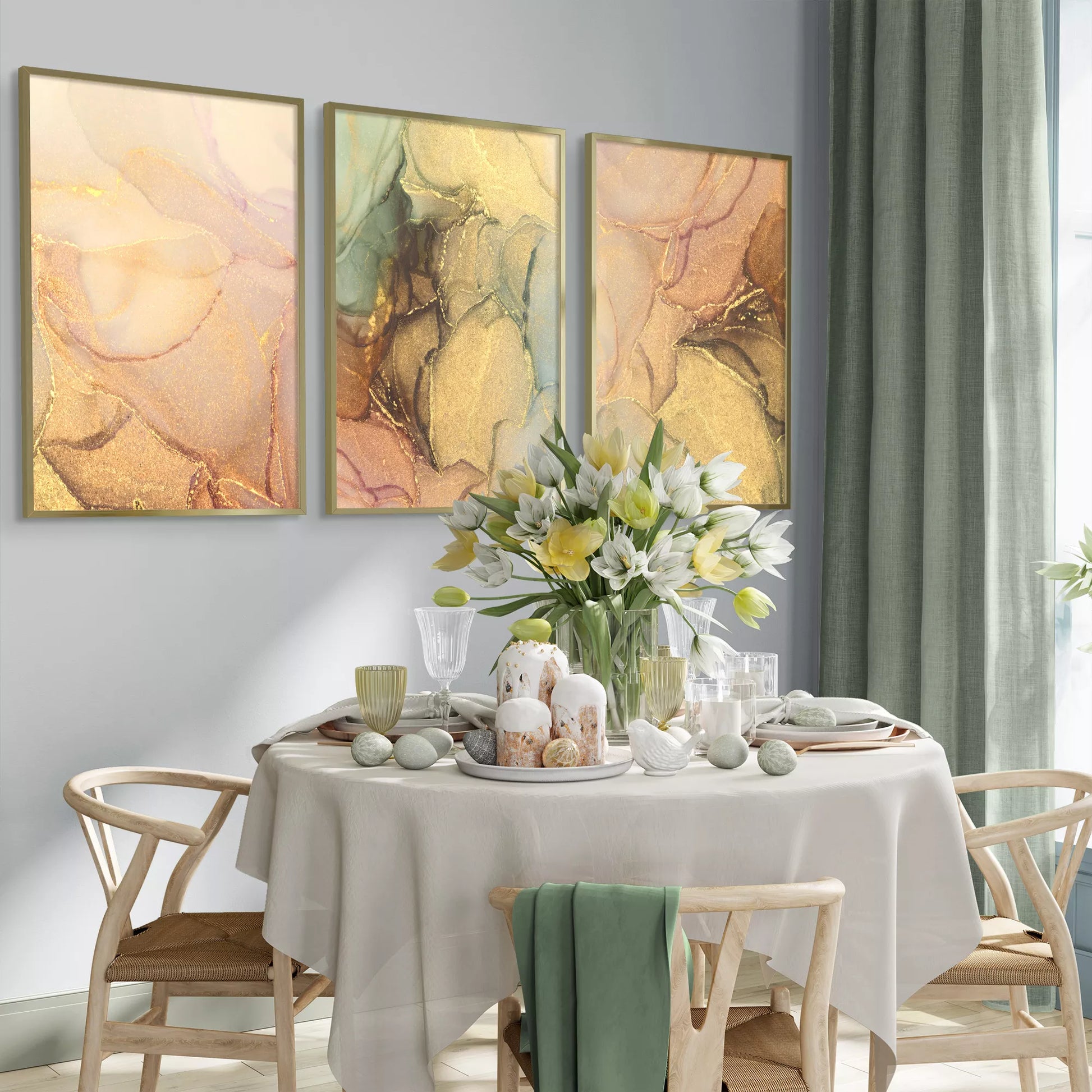 ゴールドマーブルが美しい抽象アートポスター3枚セット、リビングや玄関におすすめ