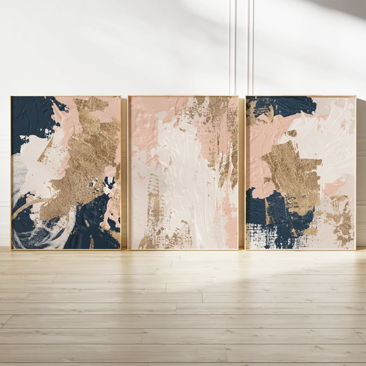 抽象的なゴールドネイビー×ピンクの高級感あるアートポスター 北欧モダンインテリア 3枚セット