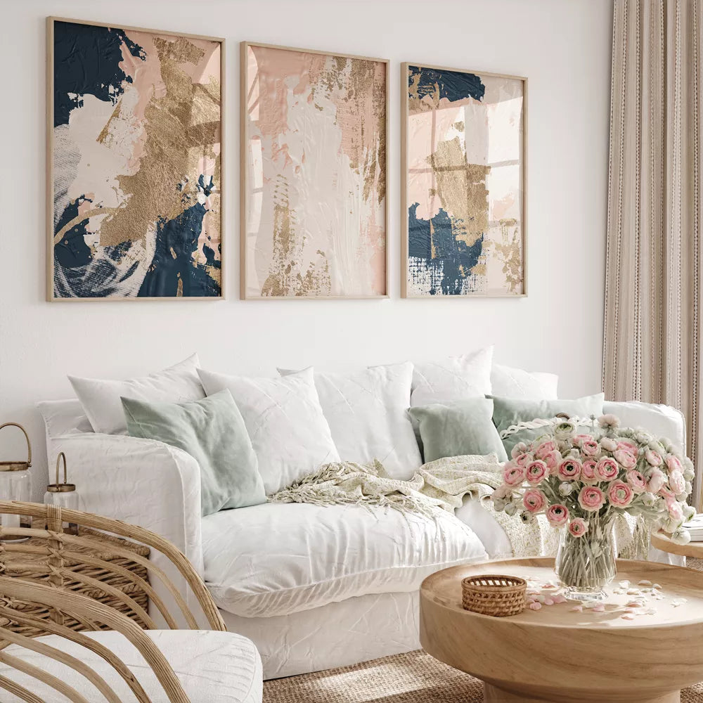 ゴールドと紺色のモダン抽象画アートパネル3点セット、上質な雰囲気