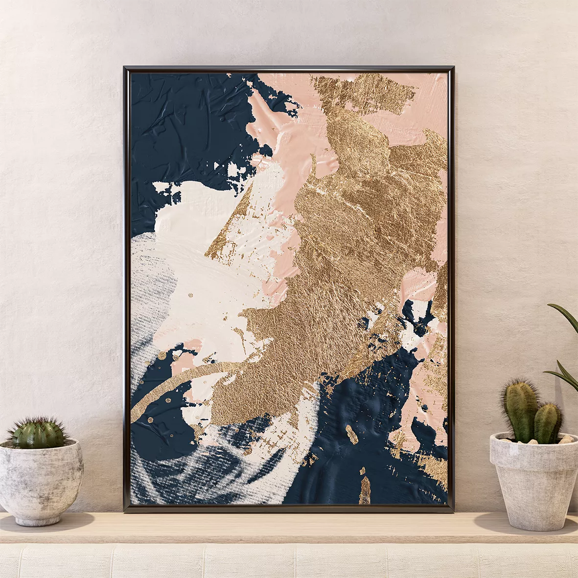 ゴールドと紺色のモダン抽象画アートパネル3点セット、上質な雰囲気