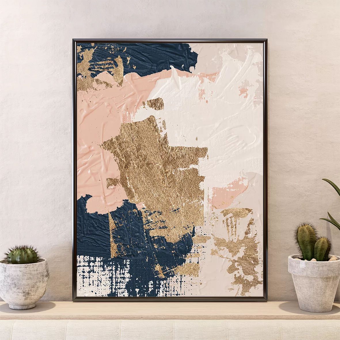 ゴールドと紺色のモダン抽象画アートパネル3点セット、上質な雰囲気