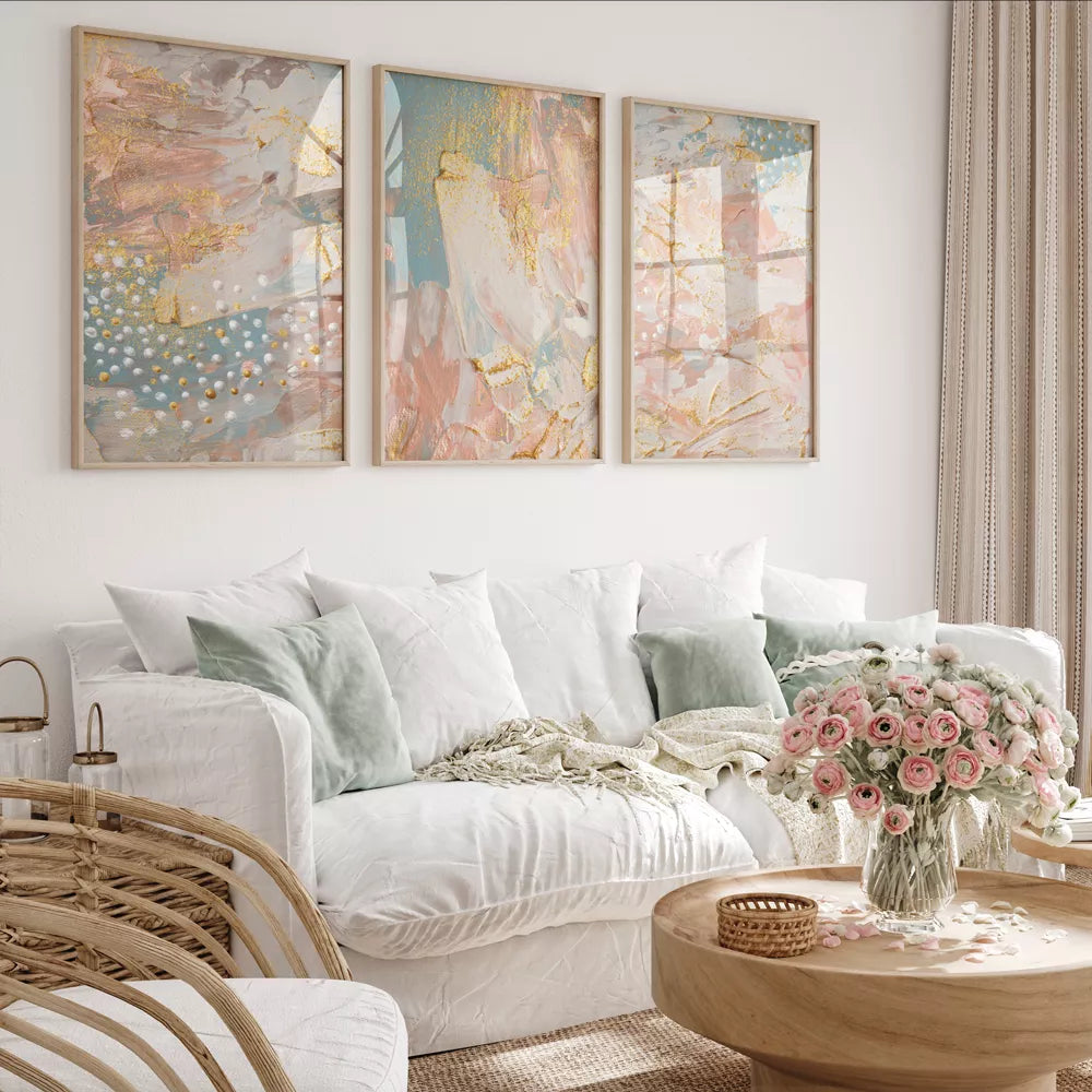 ピンクとゴールドの抽象画アートパネル3枚セット、モダンインテリア