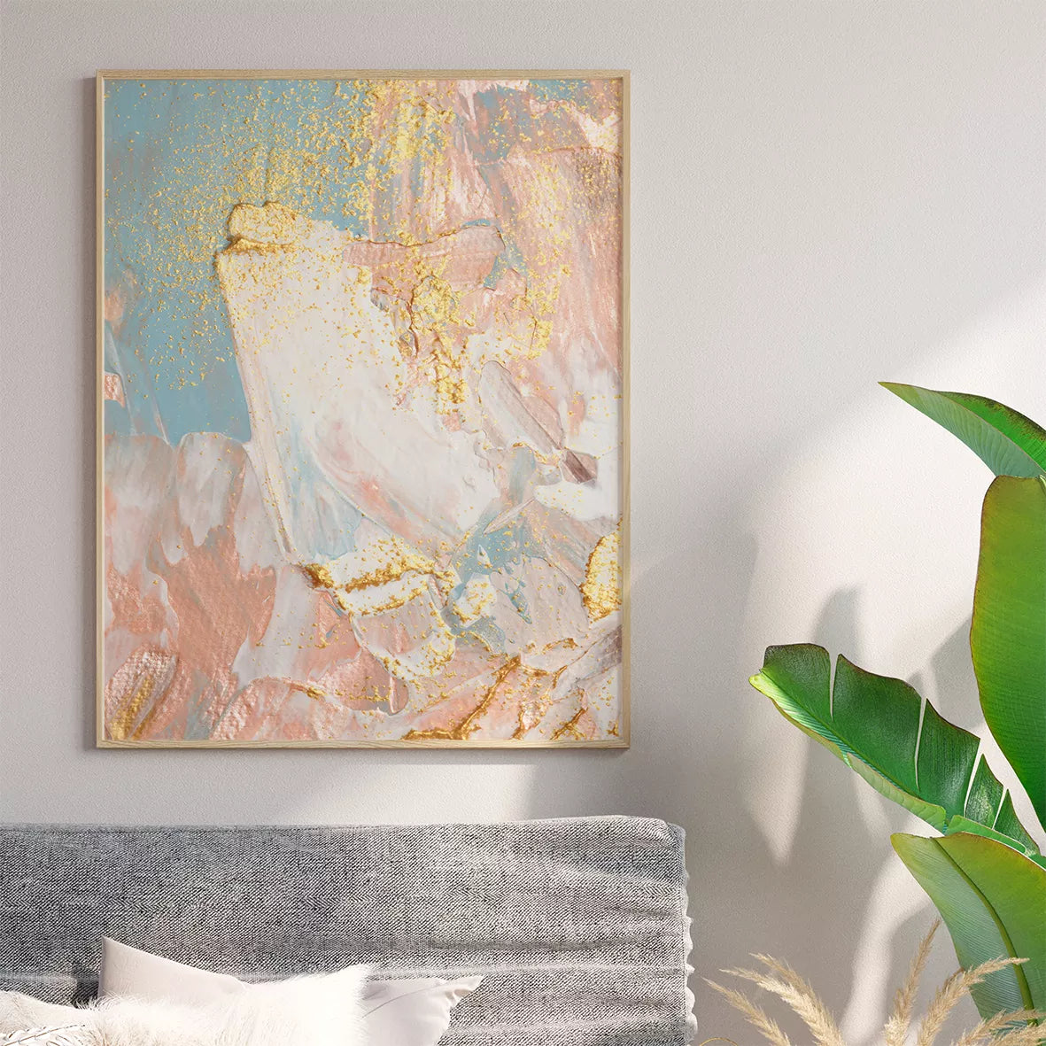 ピンクとゴールドの抽象画アートパネル3枚セット、モダンインテリア