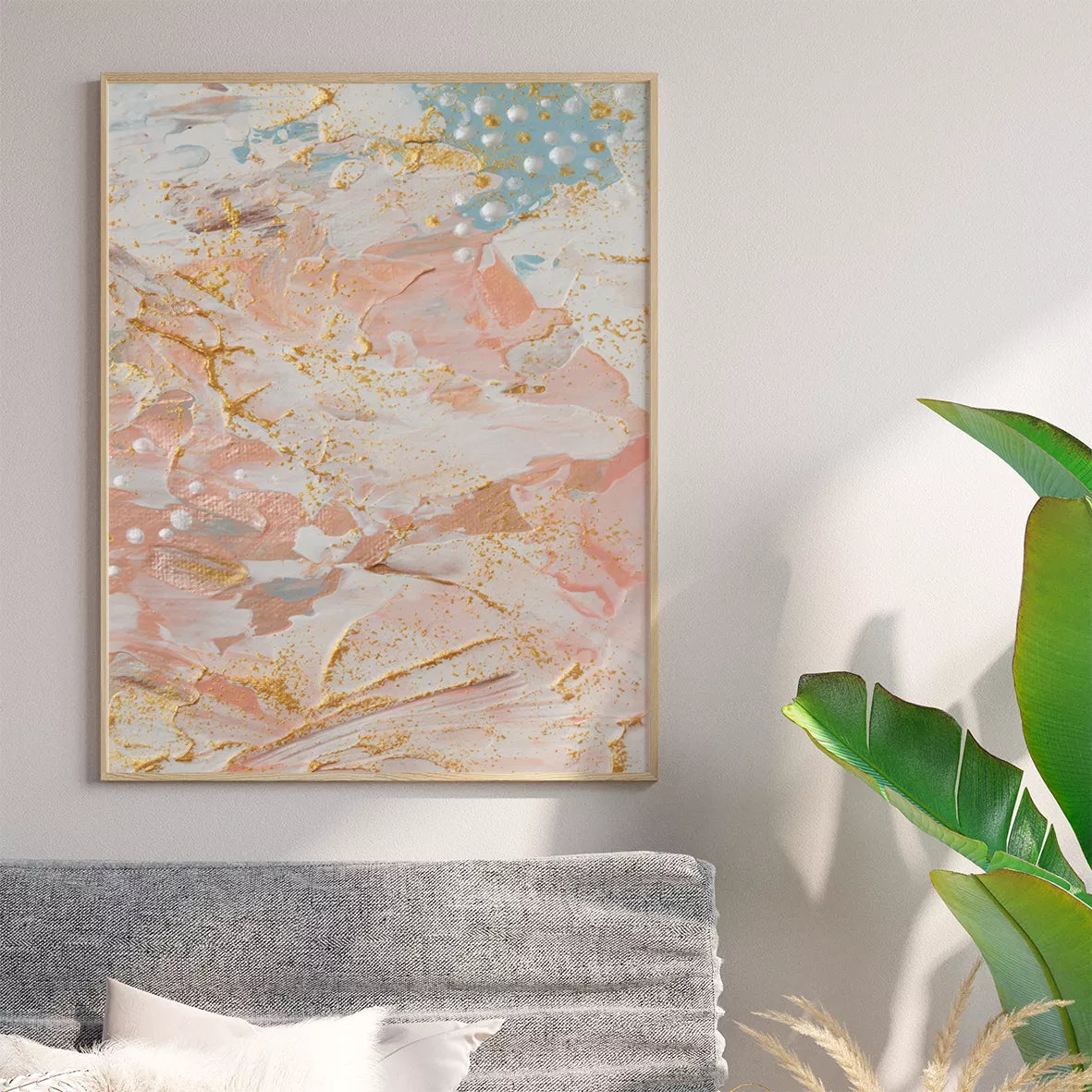 ピンクとゴールドの抽象画アートパネル3枚セット、モダンインテリア