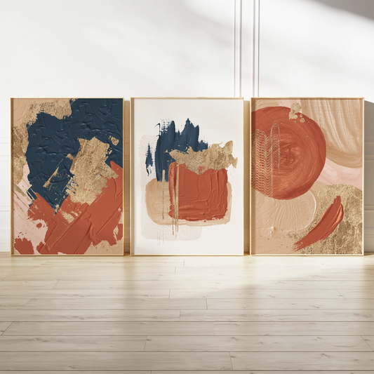 抽象ゴールドテラコッタネイビーの高級感あるアートポスター 北欧モダンインテリア 3枚セット