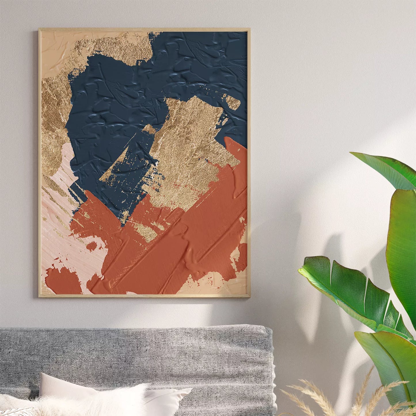 金箔とテラコッタカラーの抽象アートトリプティック、モダンインテリア装飾