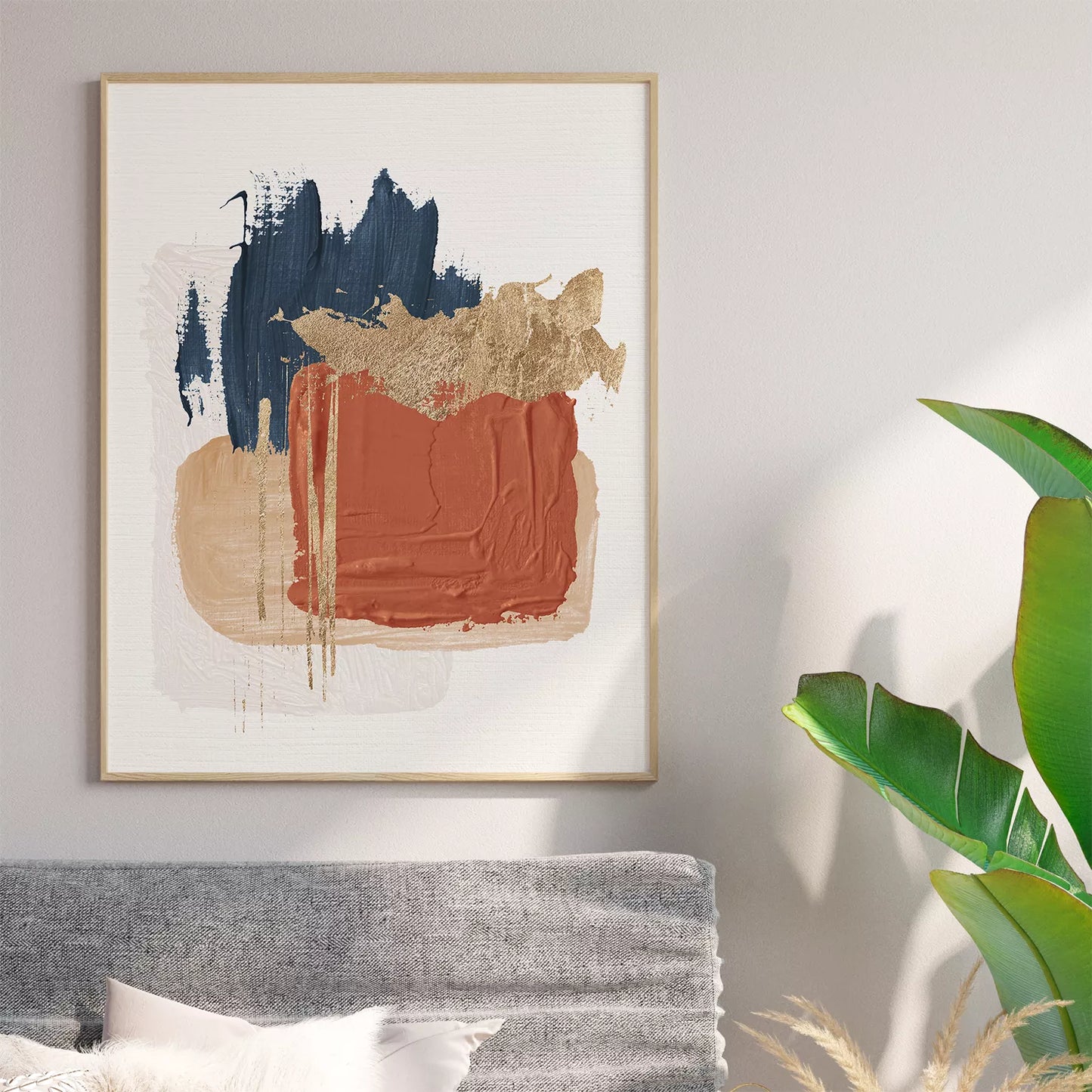 金箔とテラコッタカラーの抽象アートトリプティック、モダンインテリア装飾