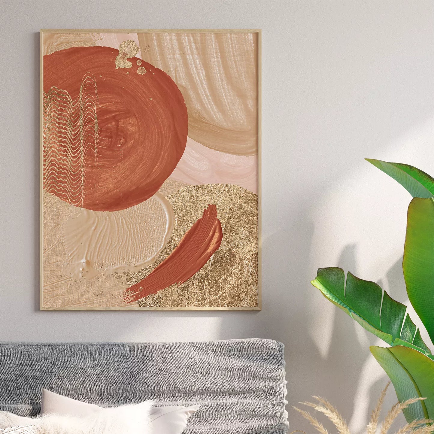 金箔とテラコッタカラーの抽象アートトリプティック、モダンインテリア装飾