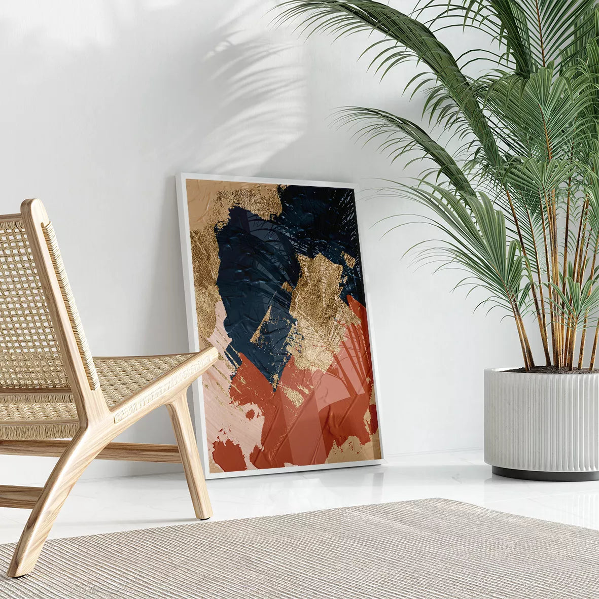 金箔とテラコッタカラーの抽象アートトリプティック、モダンインテリア装飾