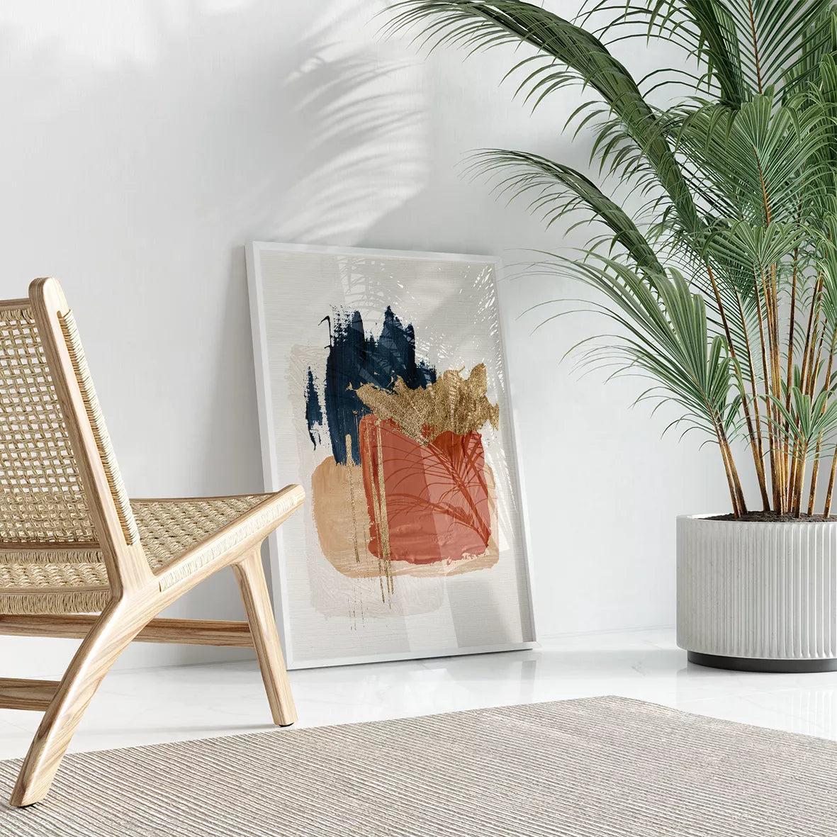 金箔とテラコッタカラーの抽象アートトリプティック、モダンインテリア装飾