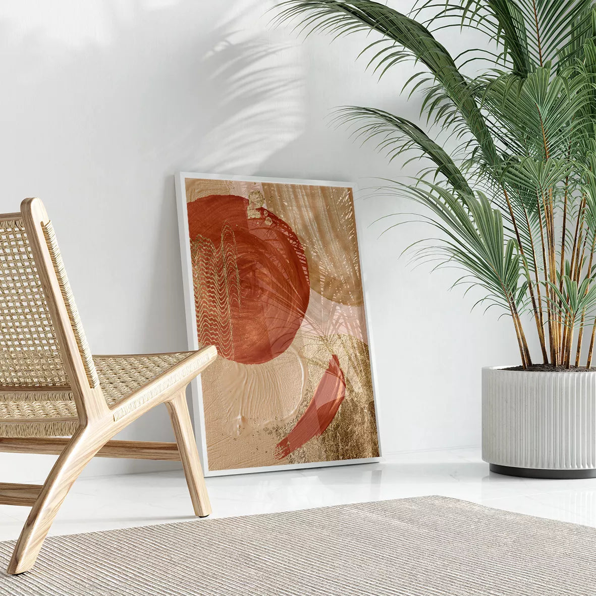 金箔とテラコッタカラーの抽象アートトリプティック、モダンインテリア装飾