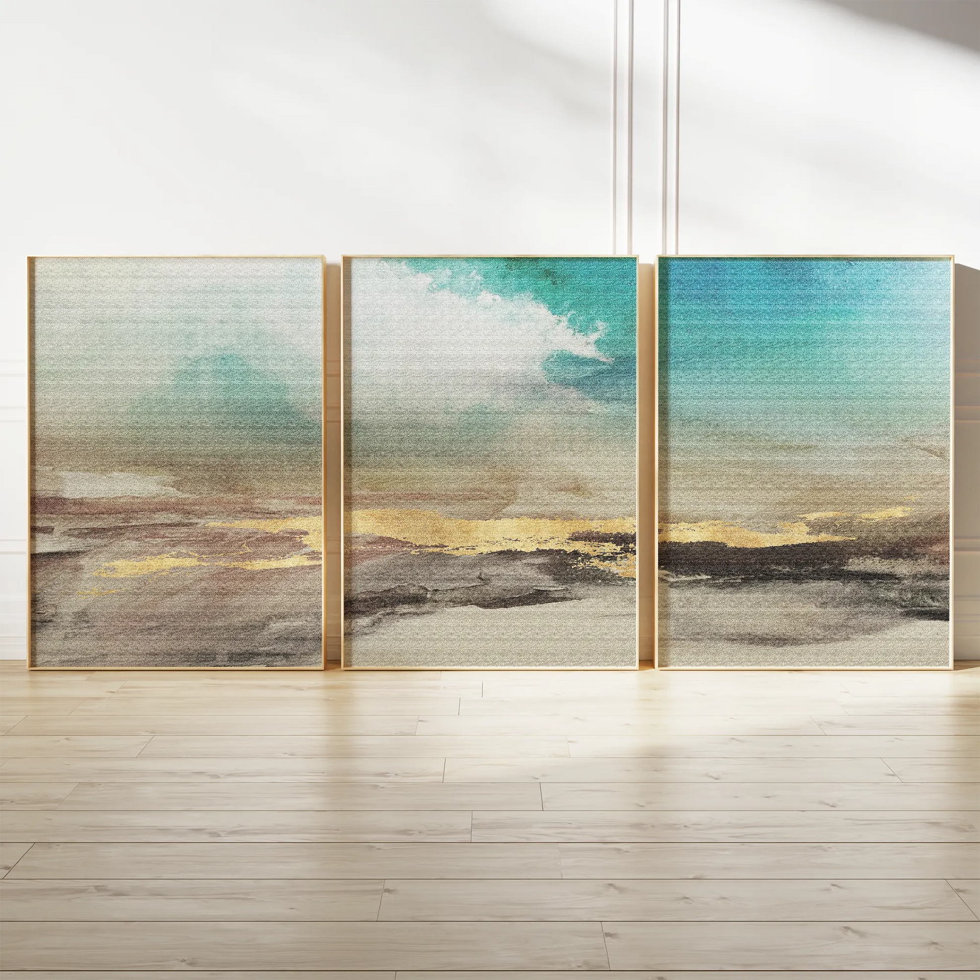 ターコイズとゴールドの抽象ランドスケープアートポスター 北欧モダン 3枚セット