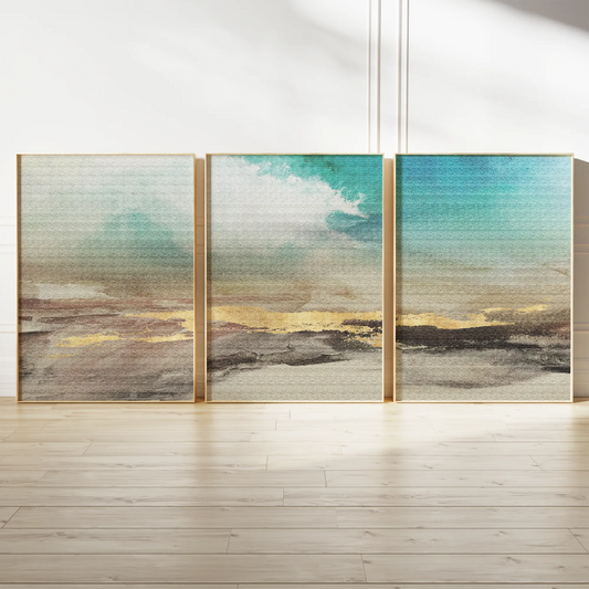 ターコイズとゴールドの抽象ランドスケープアートポスター 北欧モダン 3枚セット