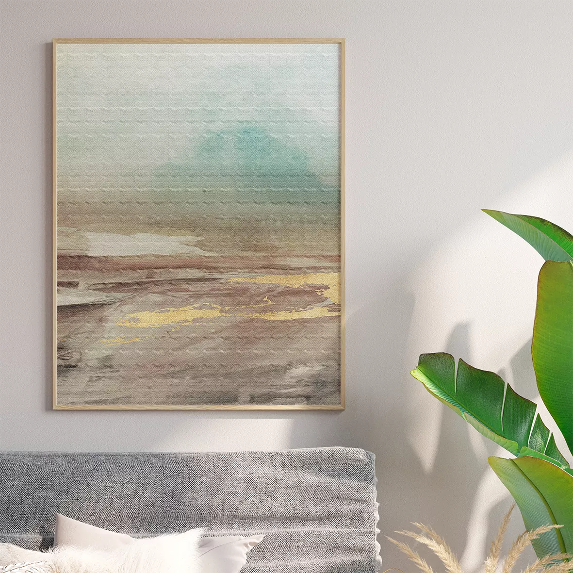 ターコイズとゴールドの抽象的な風景画トリプチャー、モダンなインテリア