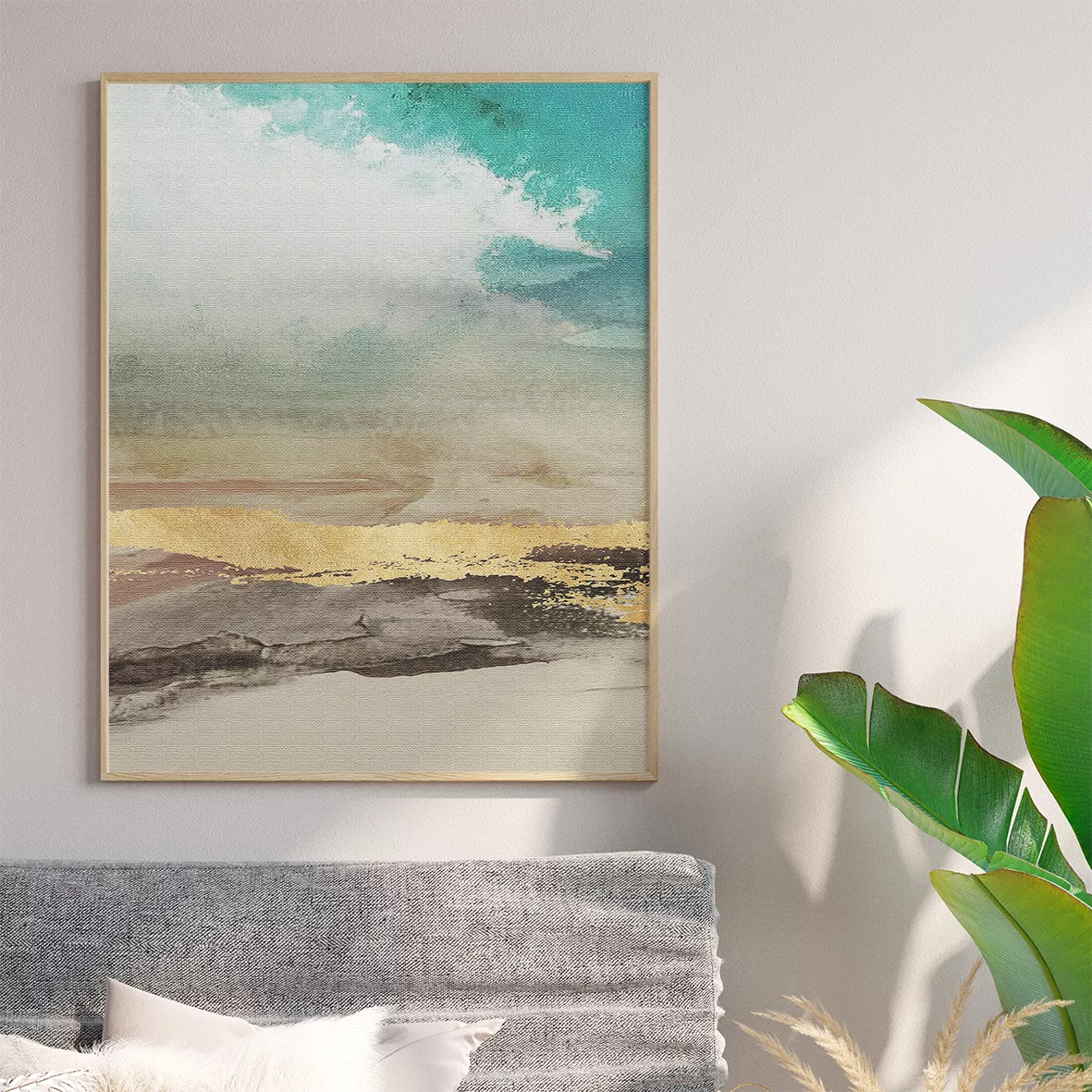 ターコイズとゴールドの抽象的な風景画トリプチャー、モダンなインテリア