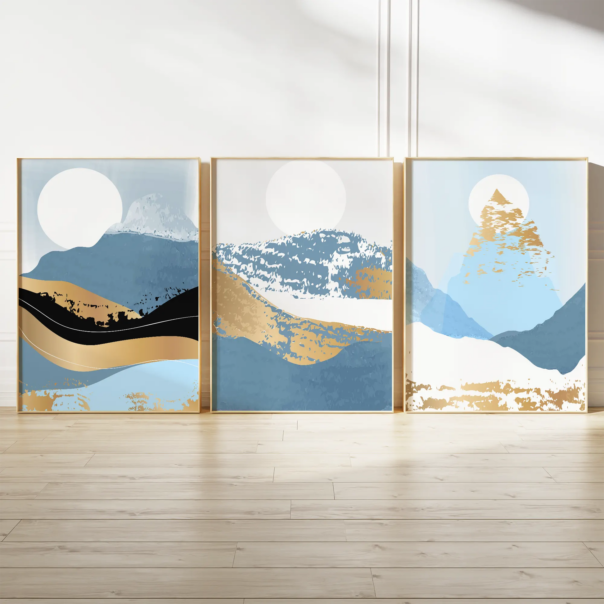 抽象的なブルーとゴールドの山風景アートポスター 北欧モダンインテリア 3枚セット