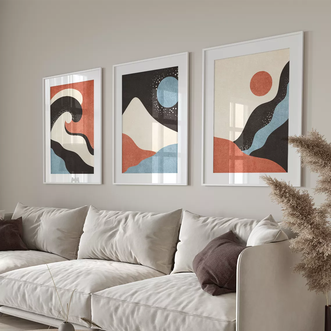 北欧風抽象アート 波と月と山のトリプティックポスター