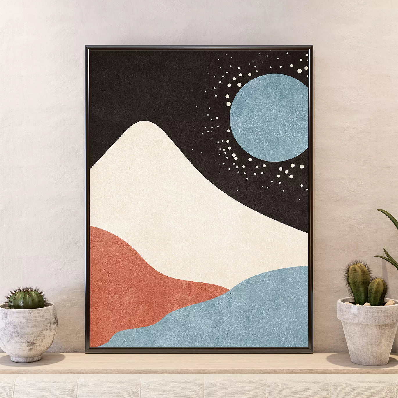 北欧風抽象アート 波と月と山のトリプティックポスター