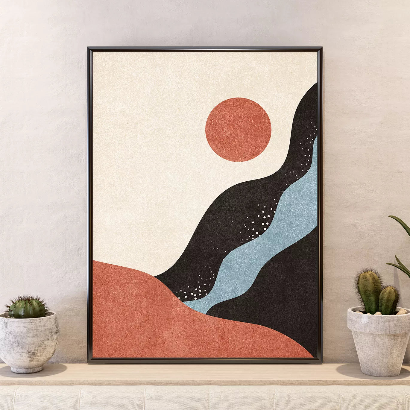 北欧風抽象アート 波と月と山のトリプティックポスター