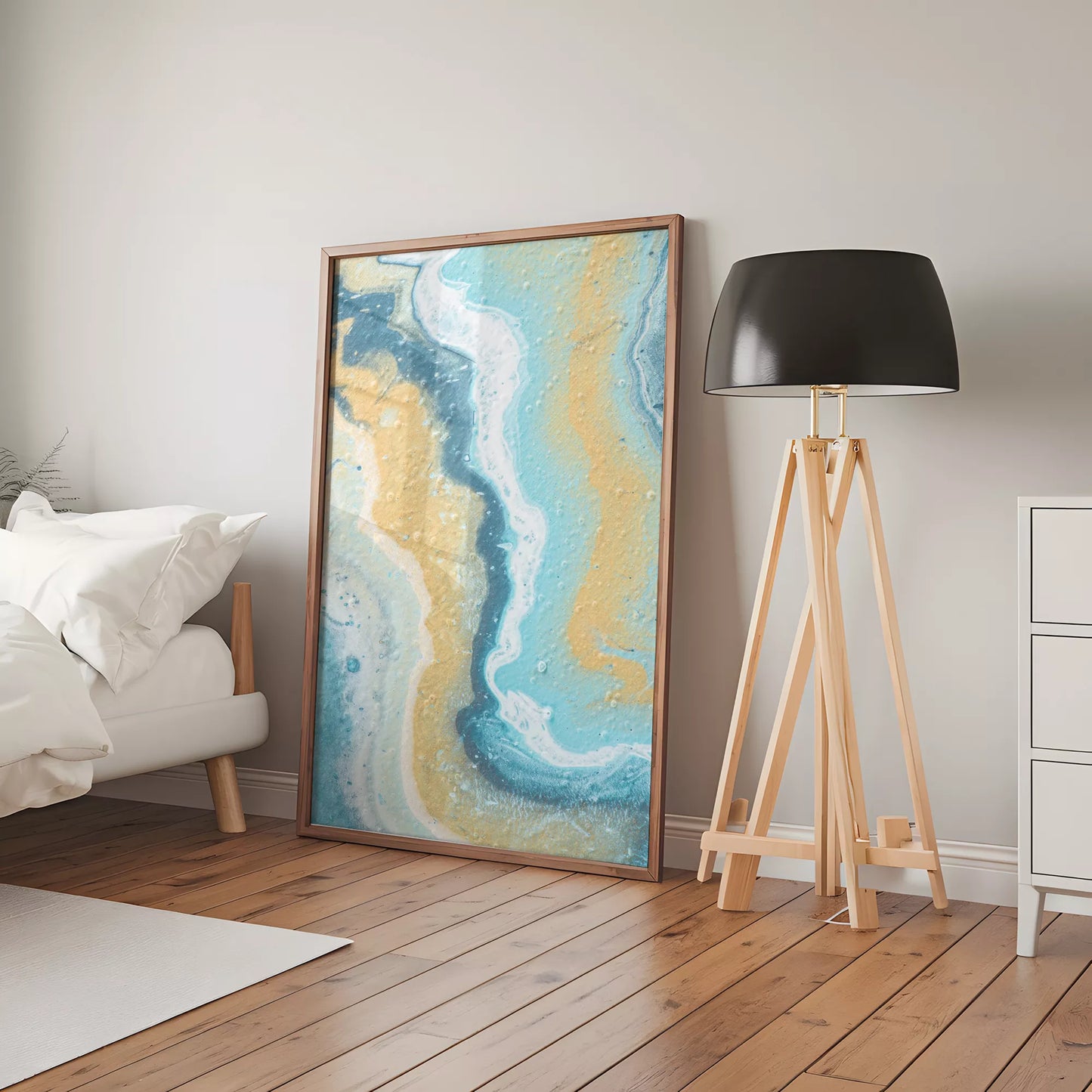 抽象画ブルーとゴールドのモダンアートポスター