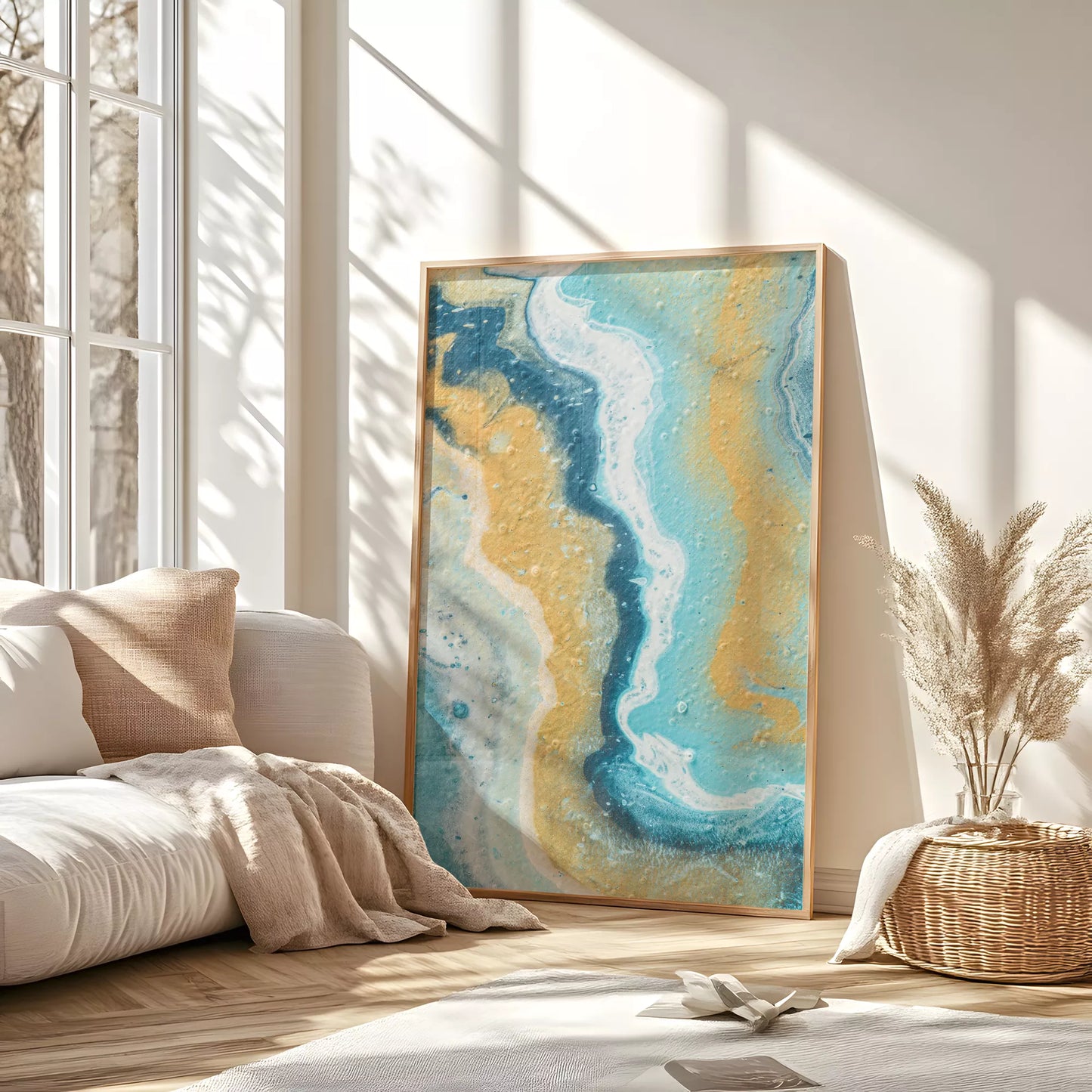 抽象画ブルーとゴールドのモダンアートポスター