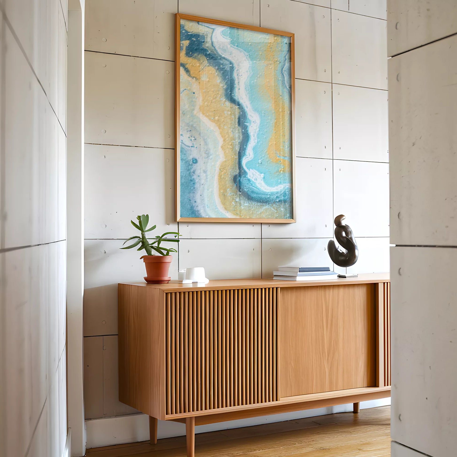 抽象画ブルーとゴールドのモダンアートポスター